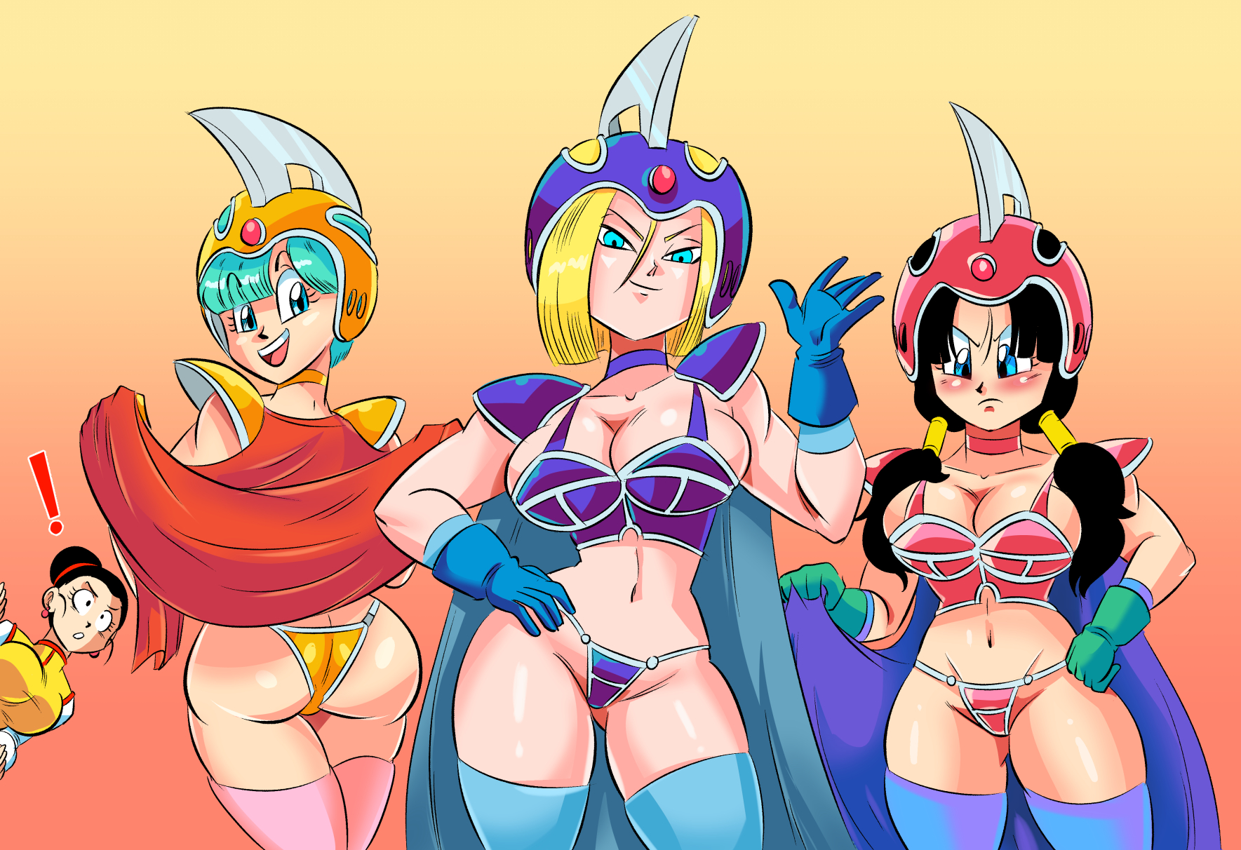 4girls, android 18, armor, ass, big ass, big breasts, bikini, bikini armor, bimbo, black hair, blonde hair, blue eyes, blue hair, breasts, bulma briefs, chichi, chichi's armor, chichi's helmet, cleavage, dragon ball, dragon ball z, female, female only, funsexydragonball, huge ass, huge breasts, large breasts, mother-in-law and daughter-in-law, multiple females, multiple girls, shounen jump, thick thighs, videl