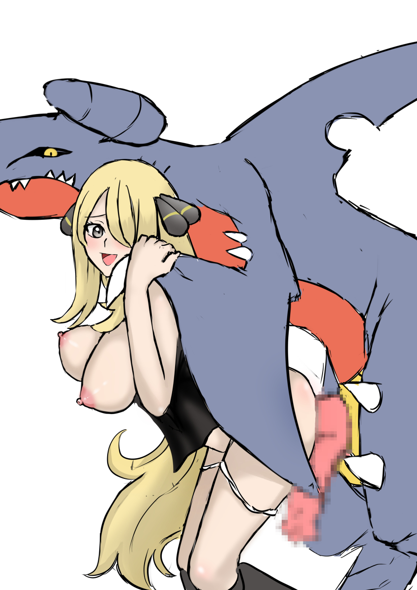 1girls, blonde hair, blush, breasts, breasts out, censored, censored penis, clothed, clothing, cynthia (pokemon), diphallia, diphallism, female, female on feral, feral, feral on female, feral on human, from behind, from behind position, game freak, garchomp, grey eyes, human on feral, interspecies, light skin, light-skinned female, long hair, male, male pokemon/female human, multi genitalia, multi penis, nintendo, nivi, open mouth, panties down, penetration, penis, pokemon, pokemon (game), pokemon (species), pokemon champion, pokephilia, pussy, sex, simple background, size difference, vaginal penetration, white panties, zoophilia