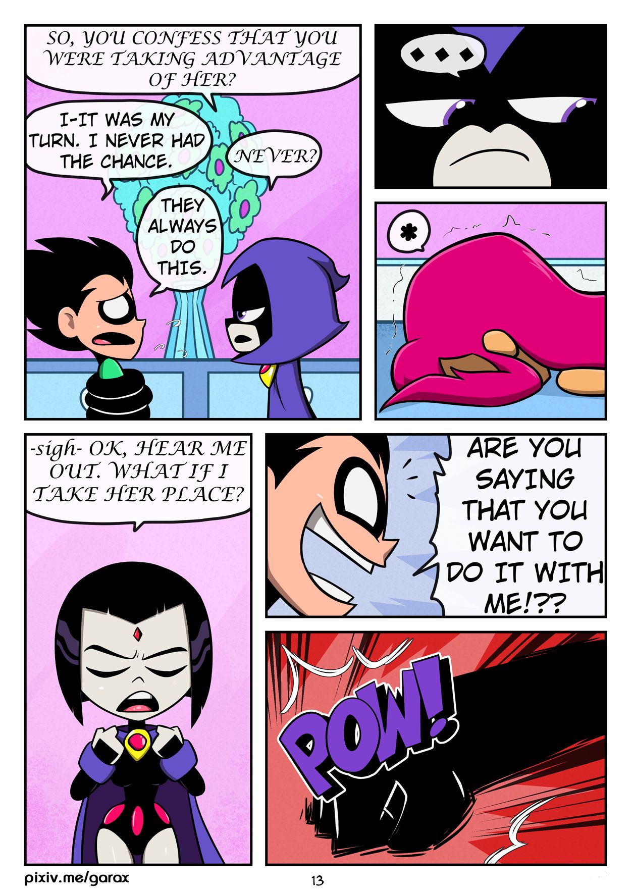 cartoon network, comic, dc, dc comics, dick grayson, female, garabatoz, male, page 13, rachel roth, raven (dc), robin (dc), robin (dick grayson), starfire, tagme, teen titans, teen titans go