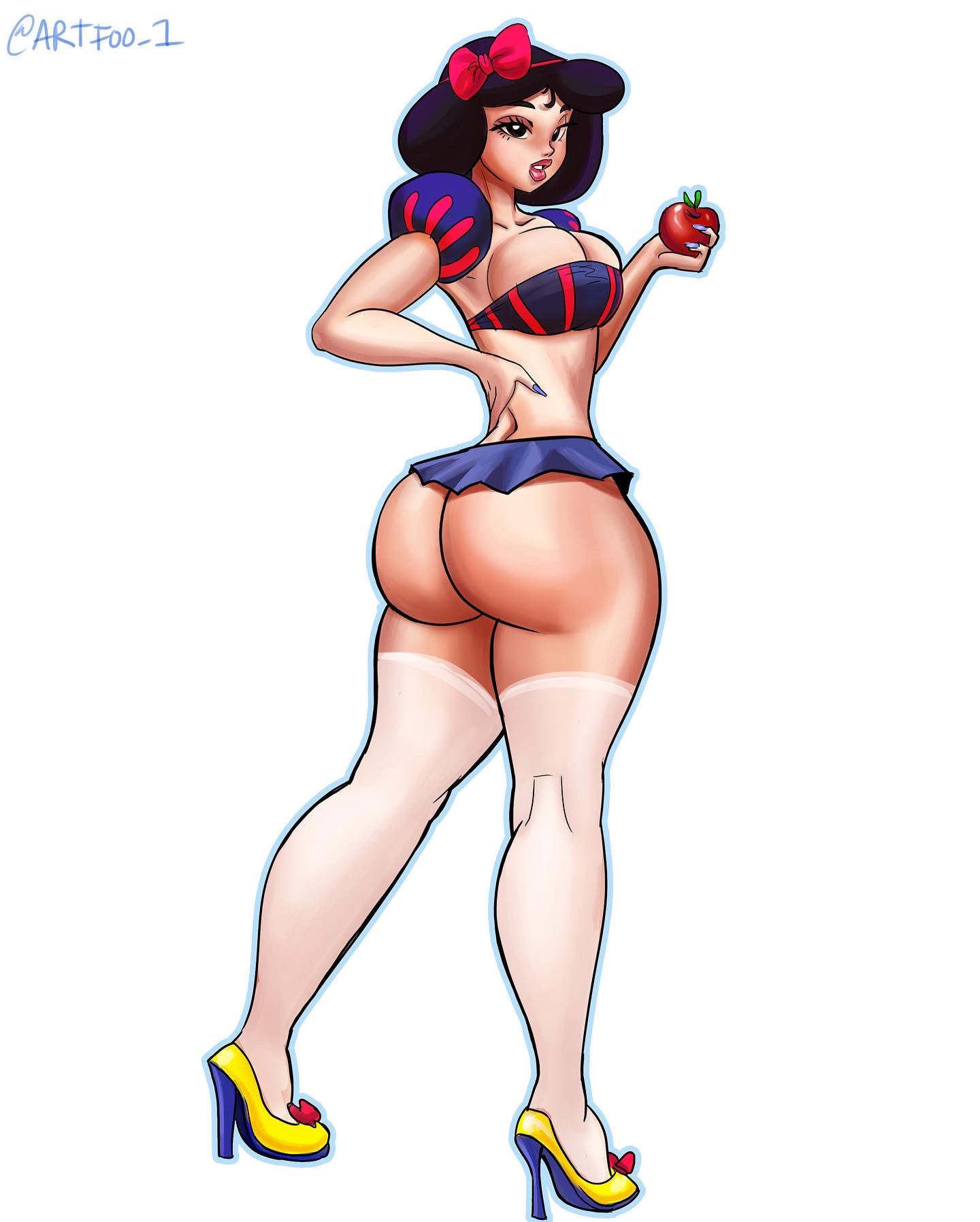 apple artfoo_1 big_ass big_butt black_hair disney disney_princess high_heels holding_apple light-skinned_female light_skin looking_at_viewer public_domain revealing_clothes snow_white_(disney) snow_white_and_the_seven_dwarfs stockings thick_thighs