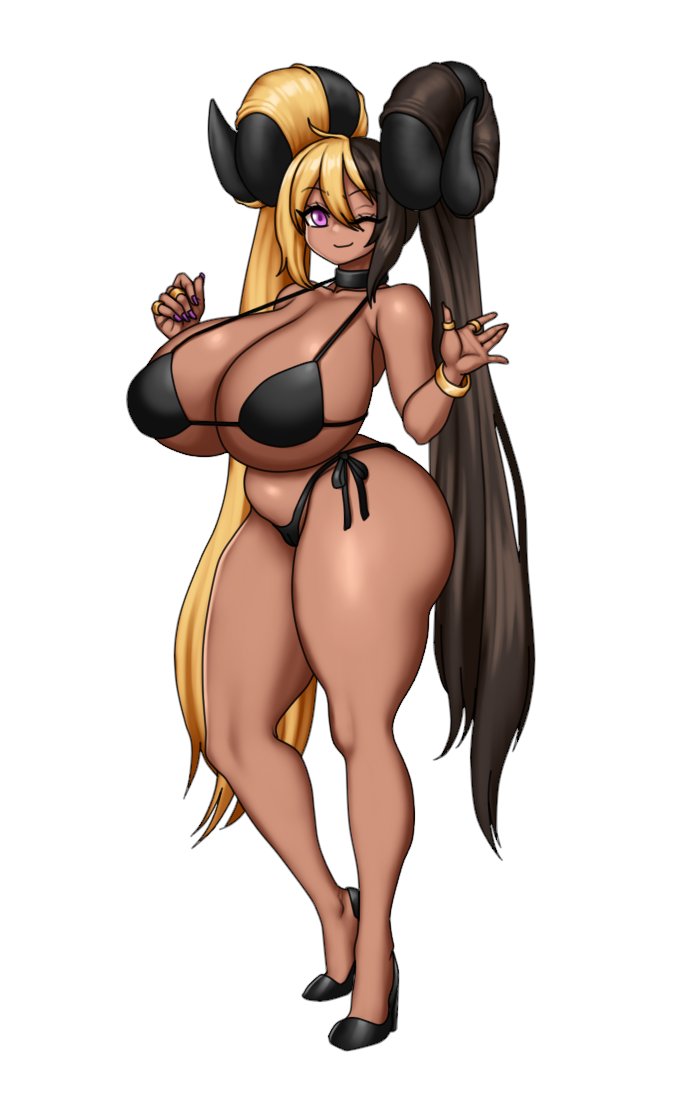 1girls aife_(zanamaoria) big_breasts bikini blonde_hair bracelets brown_hair collar curved_horns dark-skinned_female dark_skin demon_horns female female_only hair_on_horn heels horns hourglass_figure looking_at_viewer mk001black pink_eyes ring smiling smiling_at_viewer solo solo_female succubus thick_thighs two_tone_hair very_long_hair white_background wide_hips winking winking_at_viewer