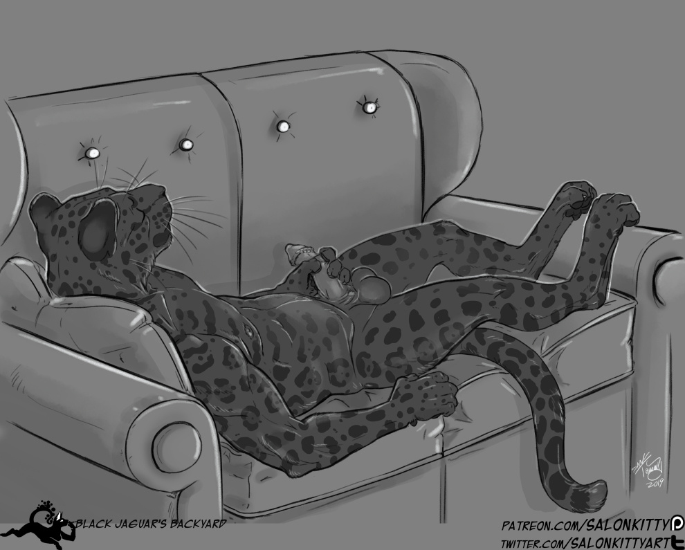 animal_genitalia animal_penis anthro balls felid feline_penis furniture genitals leopard lying male mammal masturbation nude on_back pantherine paws penile_spines penis salonkitty sofa solo spots