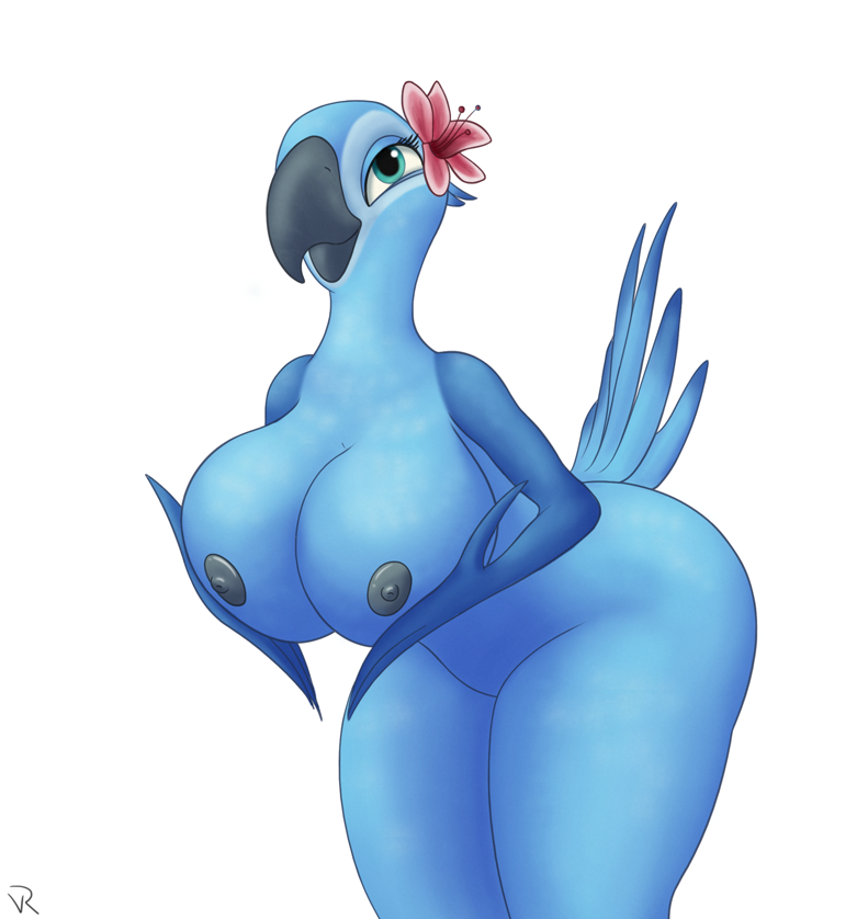 anthro avian beak big_breasts bird black_nipples blue_body blue_feathers blue_macaw blue_sky_studios breasts feathers female jewel_(rio) nipples non-mammal_breasts nude r-rova rio_(series) simple_background solo tail_feathers thick_thighs white_background wide_hips