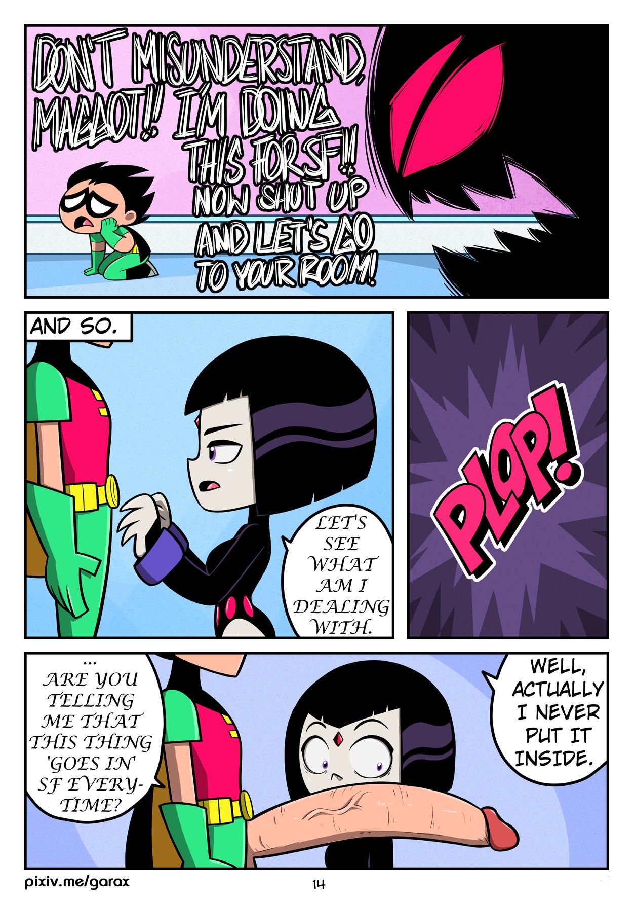 cartoon network, cock shock, comic, dc, dc comics, dick grayson, female, garabatoz, huge cock, hyper penis, it'll never fit, male, penis, penis awe, rachel roth, raven (dc), robin (dc), robin (dick grayson), shocked, tagme, teen titans, teen titans go