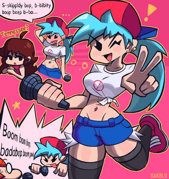 !, 1boy, 2girls, artist signature, boyfriend (friday night funkin), breasts, female, female boyfriend (friday night funkin), friday night funkin, girlfriend (friday night funkin), male, microphone, mob face, oakblu, pico (newgrounds), rule 63, shouting, slight blush, sweat, text box, v sign