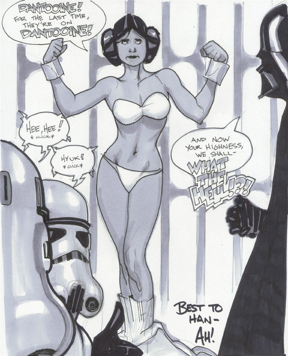 a_new_hope adam_hughes bare_arms bare_legs bare_shoulders bare_thighs belly belly_button black_and_white bra captive captured carrie_fisher commission darth_vader exposed exposed_shoulders exposed_torso interrogation legs panties princess_leia_organa restrained sci-fi science_fiction speech_bubble standing star_wars stormtrooper underwear underwear_only white_underwear