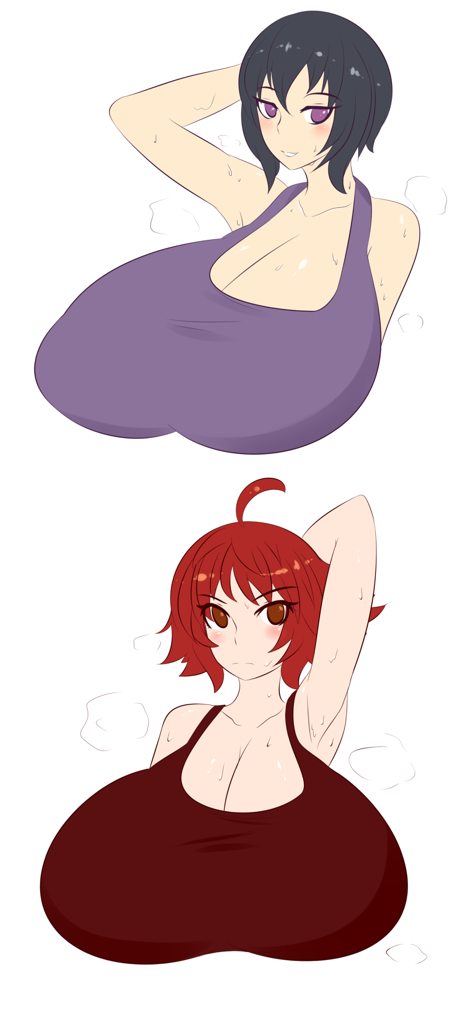 2girls after_workout alternate_breast_size armpits black_hair blush brown_eyes cleavage female female_only fire_emblem fire_emblem_awakening fire_emblem_fates gigantic_breasts hinoka_(fire_emblem) huge_breasts jcdr kjelle_(fire_emblem) multiple_girls nintendo purple_eyes red_hair short_hair simple_background smile sweat sweaty tank_top upper_body white_background