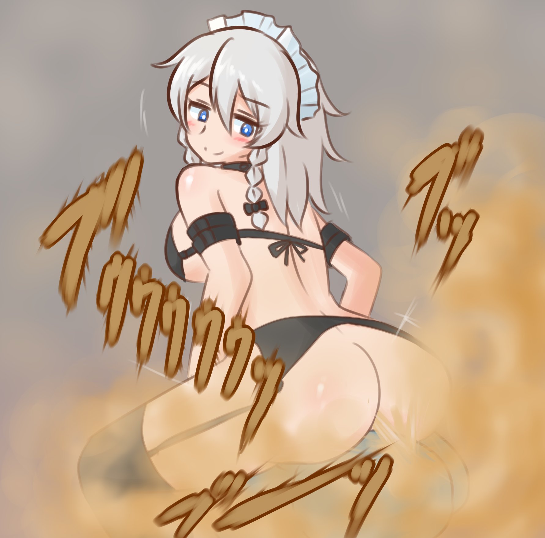 ass, bare ass, blue eyes, blush, bra, fart, female, grey hair, japanese text, looking back, maid, maid headdress, sakuya izayoi, simple background, touhou