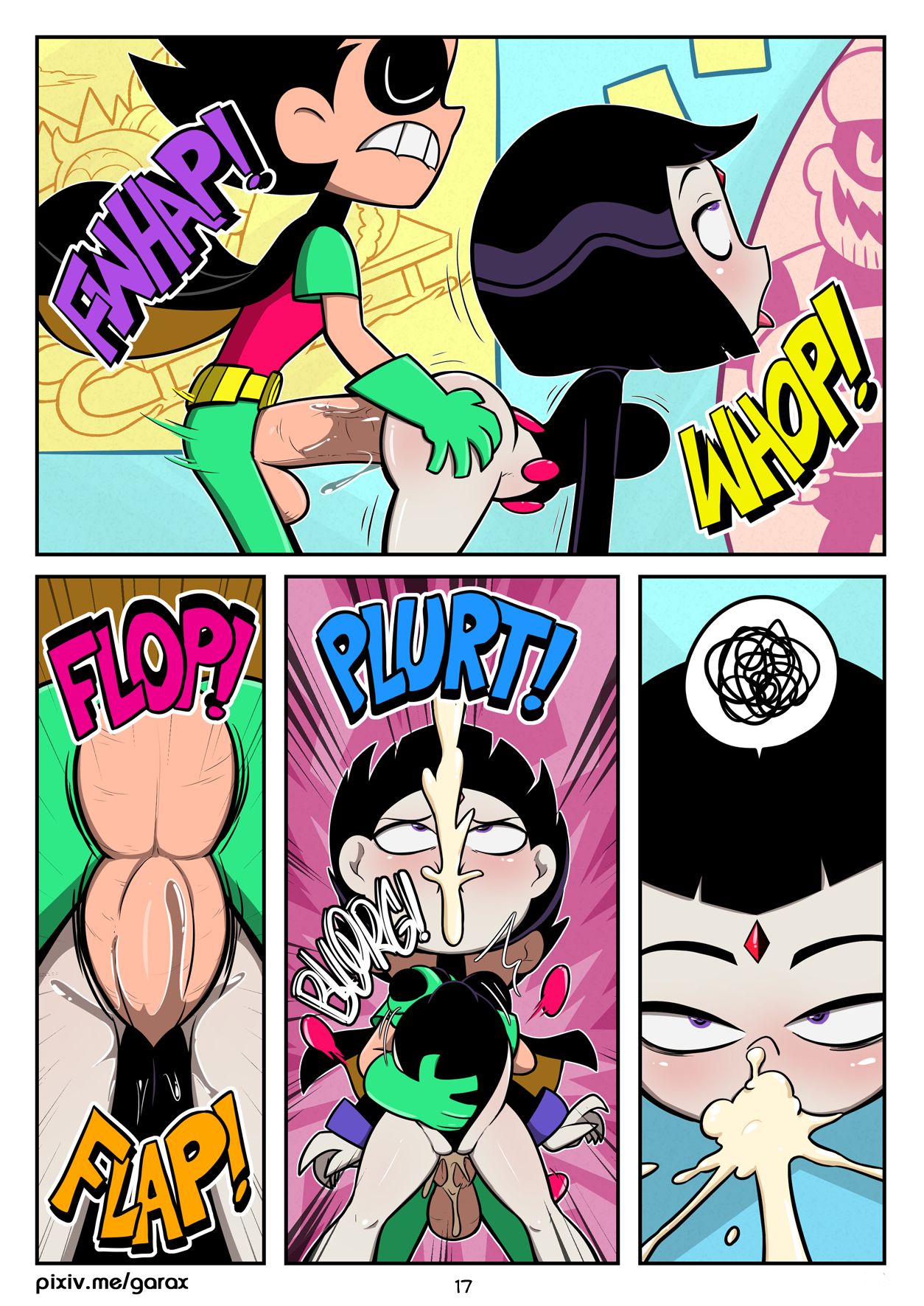 ass, bodily fluids, cartoon network, comic, cum, cum all the way through, cum from mouth, cum from nose, cum in ass, cum inflated belly, cum inflation, cum inside, cum out mouth, cum out nose, cum through, cumflated belly, cumflation, dc, dc comics, deep penetration, dick grayson, english text, female, forehead jewel, garabatoz, huge cock, hyper cumflation, hyper penetration, hyper penis, hyper stomach bulge, inflation, male, motion lines, pectoral bulge, penetration, penetration through clothes, penis, rachel roth, raven (dc), raven (teen titans go!), robin (dc), robin (dick grayson), semen, sex, stomach bulge, tagme, teen titans, teen titans go, text