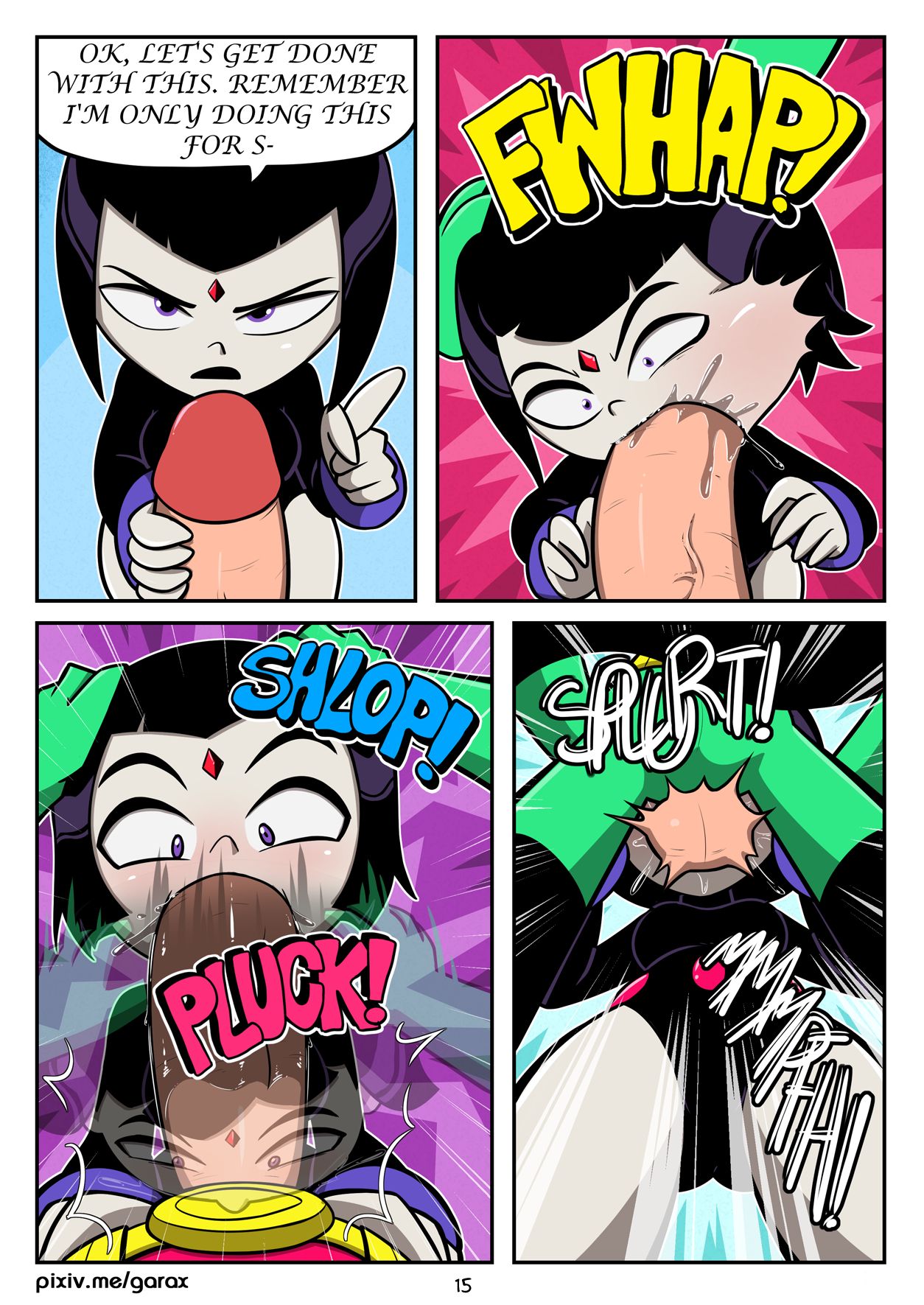 cartoon network, cheek bulge, comic, dc, dc comics, deepthroat, dick grayson, fellatio, female, forced oral, garabatoz, hand on head, huge cock, hyper penis, male, oral, penis, rachel roth, raven (dc), robin (dc), robin (dick grayson), tagme, teen titans, teen titans go