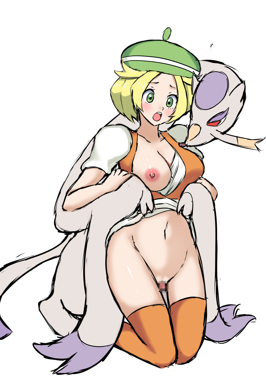 1girls, bianca (pokemon), blonde hair, blush, breasts, breasts out, censored, censored penis, clothed, clothed sex, clothing, dress, dress lift, female, female on feral, feral, feral on female, feral on human, from behind, game freak, green eyes, human on feral, interspecies, legs together, light skin, light-skinned female, male, male pokemon/female human, mienshao, nintendo, nivi, open mouth, orange legwear, orange thighhighs, penetration, penis, pokemon, pokemon (game), pokemon (species), pokephilia, pussy, sex, short hair, simple background, thighhighs, vaginal penetration, white dress