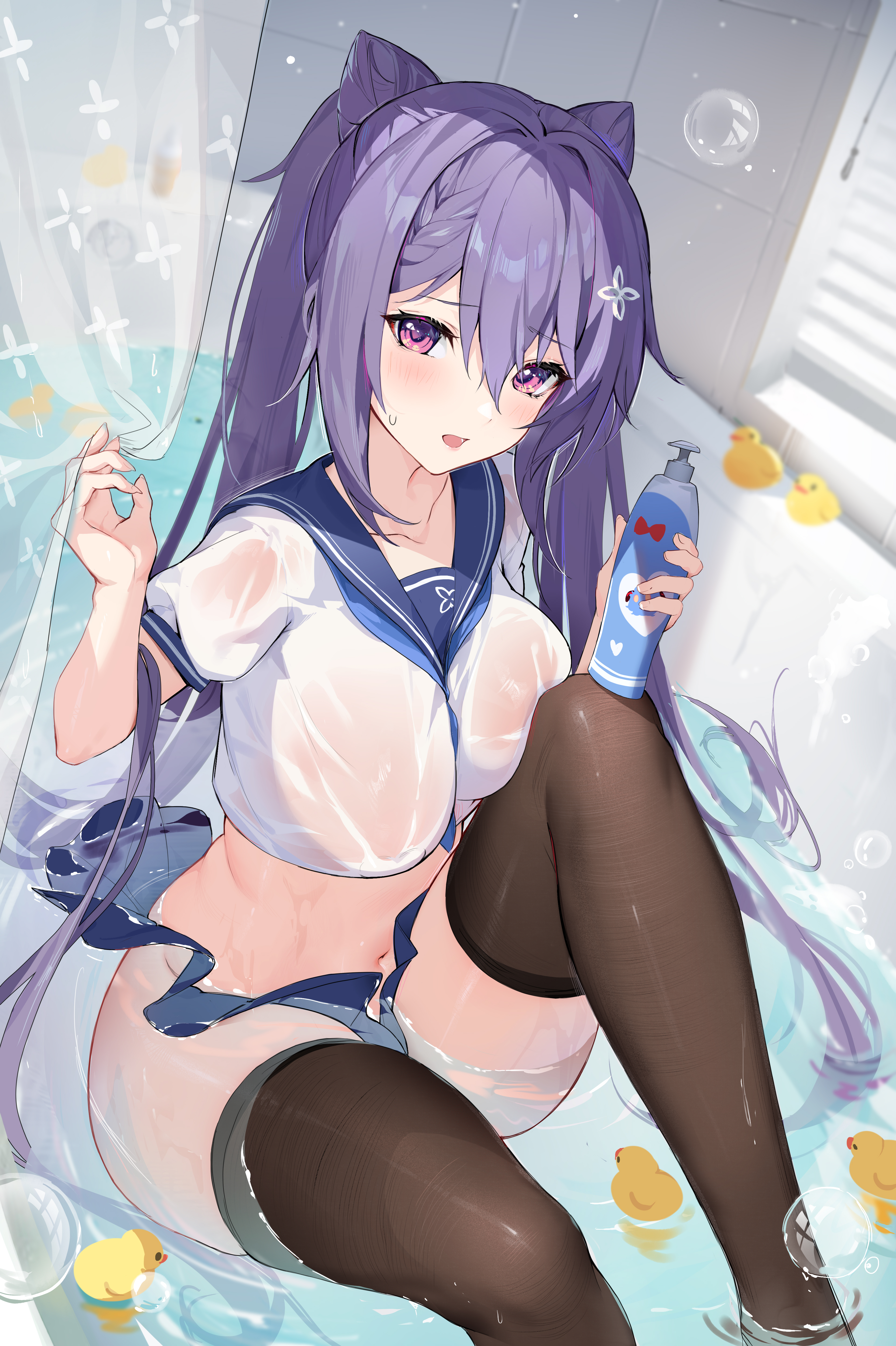absurdres, bangs, bathtub, between breasts, black legwear, braid, breasts, brown legwear, bubble, crop top, curtains, eyebrows visible through hair, female, frown, genshin impact, hair between eyes, hair cones, highres, houkiboshi (mmjw7432), keqing (genshin impact), knee up, large breasts, long hair, looking at viewer, looking pleasured, medium breasts, microskirt, midriff, miniskirt, navel, neckerchief, no bra, no panties, open mouth, purple eyes, purple hair, revealing clothes, rubber duck, sailor collar, school uniform, see-through, see-through clothing, serafuku, shampoo bottle, shirt, sitting, skindentation, skirt, solo, stomach, thighhighs, thighs, twintails, very long hair, water, wet, wet clothes, wet hair, wet shirt, white shirt