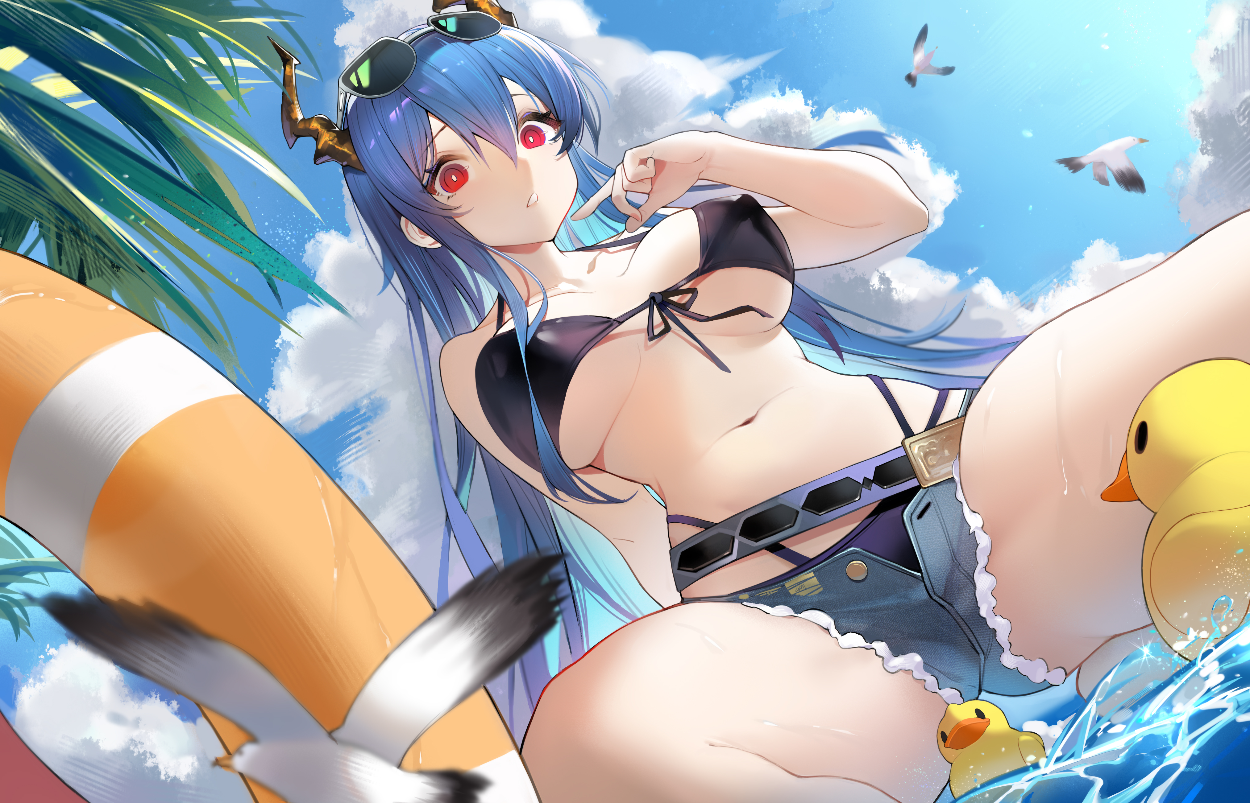absurdres, arknights, bare shoulders, bikini, bird, black bikini, blue hair, blue sky, breasts, chen (arknights), chen the holungday (arknights), cloud, commentary, cutoffs, day, denim, denim shorts, dragon horns, eyewear on head, female, front-tie bikini, front-tie top, goudaimu, highres, horns, innertube, large breasts, long hair, looking at viewer, micro shorts, navel, open fly, outdoors, parted lips, red eyes, rubber duck, seiza, shorts, sitting, sky, solo, stomach, sunglasses on head, swimsuit, thighs, very long hair, water