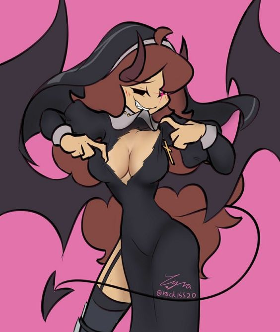 artist name, big breasts, biting clothes, bkczyra, blush, breasts, cleavage cutout, cross, demon, demon girl, demon horns, demon tail, demon wings, fangs, female, female only, friday night funkin, girlfriend (friday night funkin), long hair, looking at viewer, nun, nun outfit, ripped clothing, succubus, tearing clothes, thighhighs
