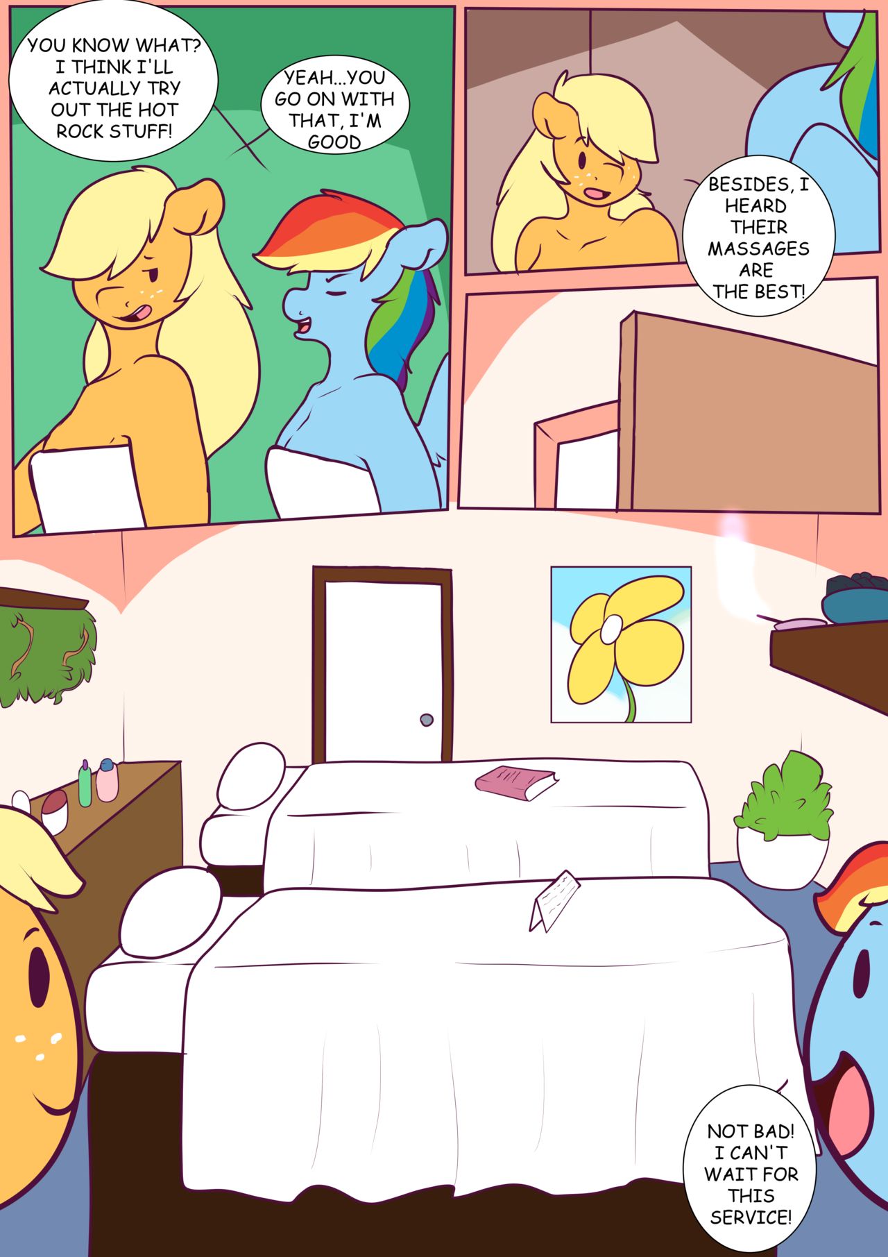 anthro applejack_(mlp) comic english_text massage_table my_little_pony page_1 rainbow_dash_(mlp) smooth_skin speech_bubble spunkubus towel