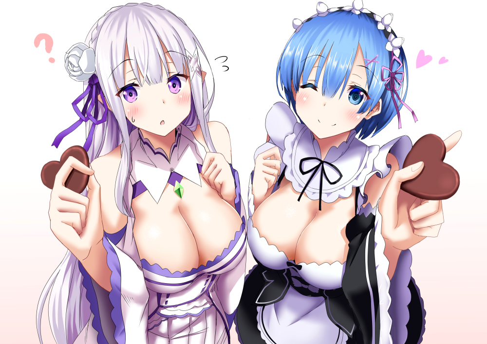 2girls big_breasts blue_eyes blue_hair breasts chocolate cleavage elf elf_female emilia_(re:zero) female_focus female_only hair_ornament heart large_breasts long_hair maid minato_yoshihiro oni pointy_ears purple_hair re:zero_kara_hajimeru_isekai_seikatsu rem_(re:zero) roswaal_mansion_maid_uniform short_hair silver_hair teenage_girl teenager