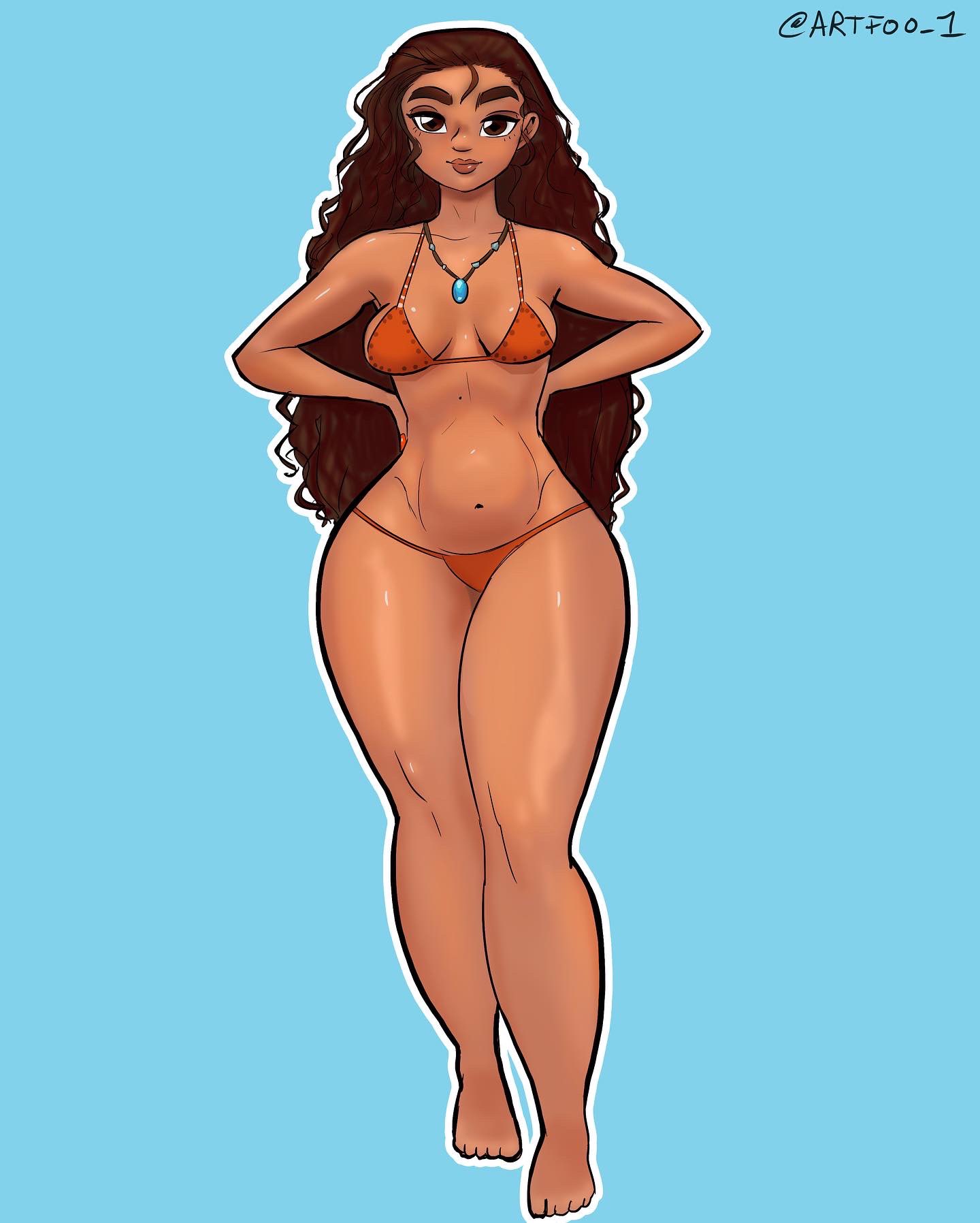 1girls artfoo_1 bikini blue_background breasts brown_hair dark-skinned_female dark_skin disney disney_princess medium_breasts moana moana_waialiki pregnant standing straight_hair thick_thighs