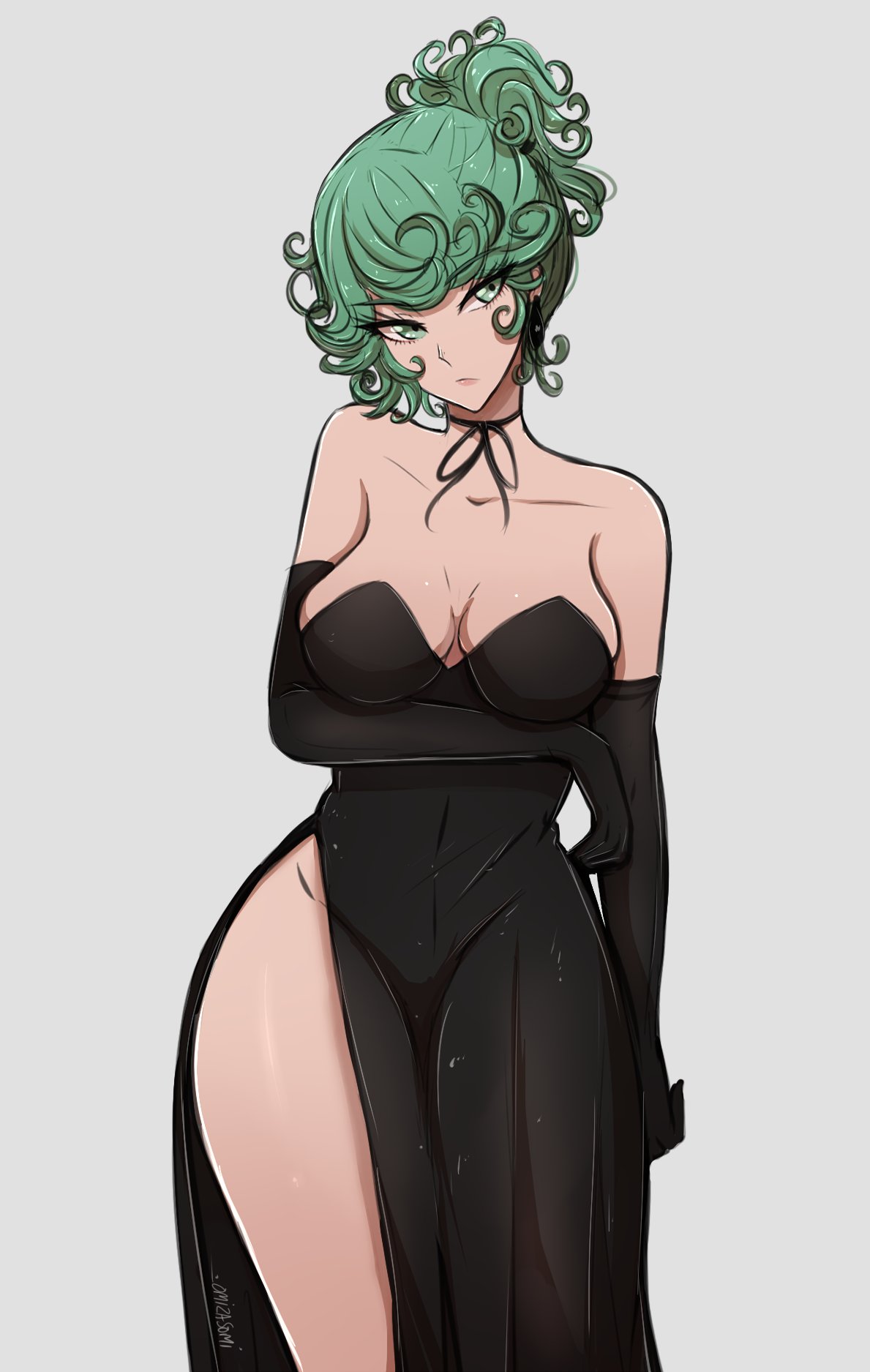 1girls, big breasts, black dress, breasts, cleavage, clothed, clothing, dress, female, female only, fully clothed, gloves, green eyes, green hair, looking at viewer, no bra, no panties, omiza somi, one-punch man, short hair, side slit, simple background, solo, solo female, tatsumaki, white background