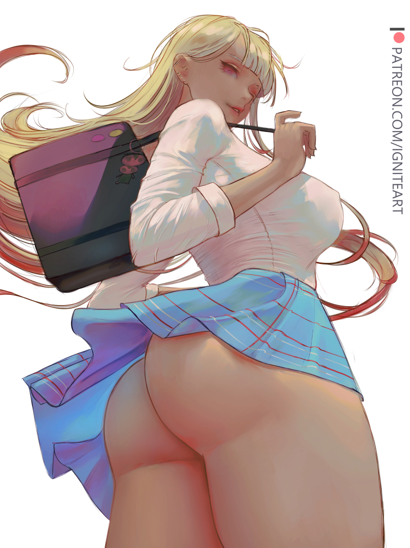 1girls ass blonde_hair bottomless female female_only gyaru ignitesart kitagawa_marin no_panties school_bag school_uniform solo sono_bisque_doll_wa_koi_wo_suru