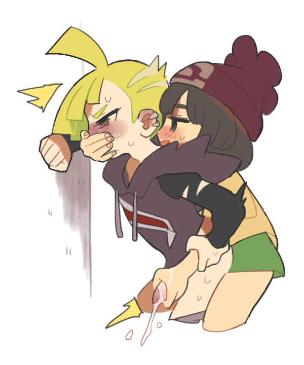 1boy 1girls ^^^ ahoge bangs beanie blonde_hair brown_hair commentary_request covering_another's_mouth covering_mouth female femdom gag gagged gladion_(pokemon) green_shorts half-closed_eyes hand_gagged hand_over_another's_mouth hand_over_mouth handgag handjob hat hood hood_down hoodie kinni kinni_chan malesub open_mouth penis pokemon pokemon_(game) pokemon_sm purple_headwear reach-around selene_(pokemon) shirt short_hair shorts smile straight sweat torn_clothes transparent_background yellow_shirt young