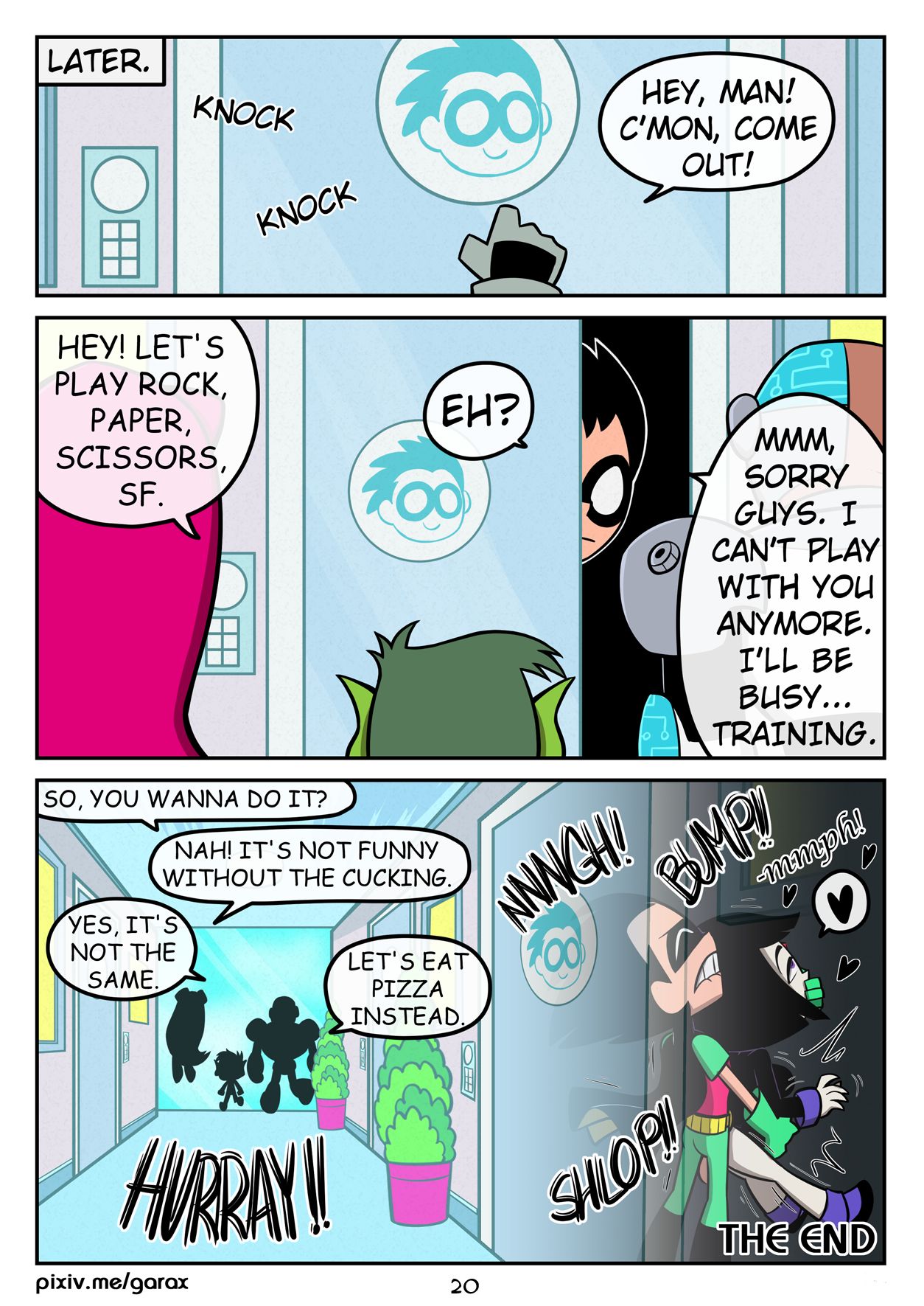 beast boy, cartoon network, comic, cyborg (dc), dc, dc comics, dick grayson, female, garabatoz, garfield logan, hidden sex, inflation, koriand'r, male, netorare, page 20, rachel roth, raven (dc), robin (dc), robin (dick grayson), secret sex, speech bubble, starfire, stealth sex, tagme, teen titans, teen titans go, victor stone