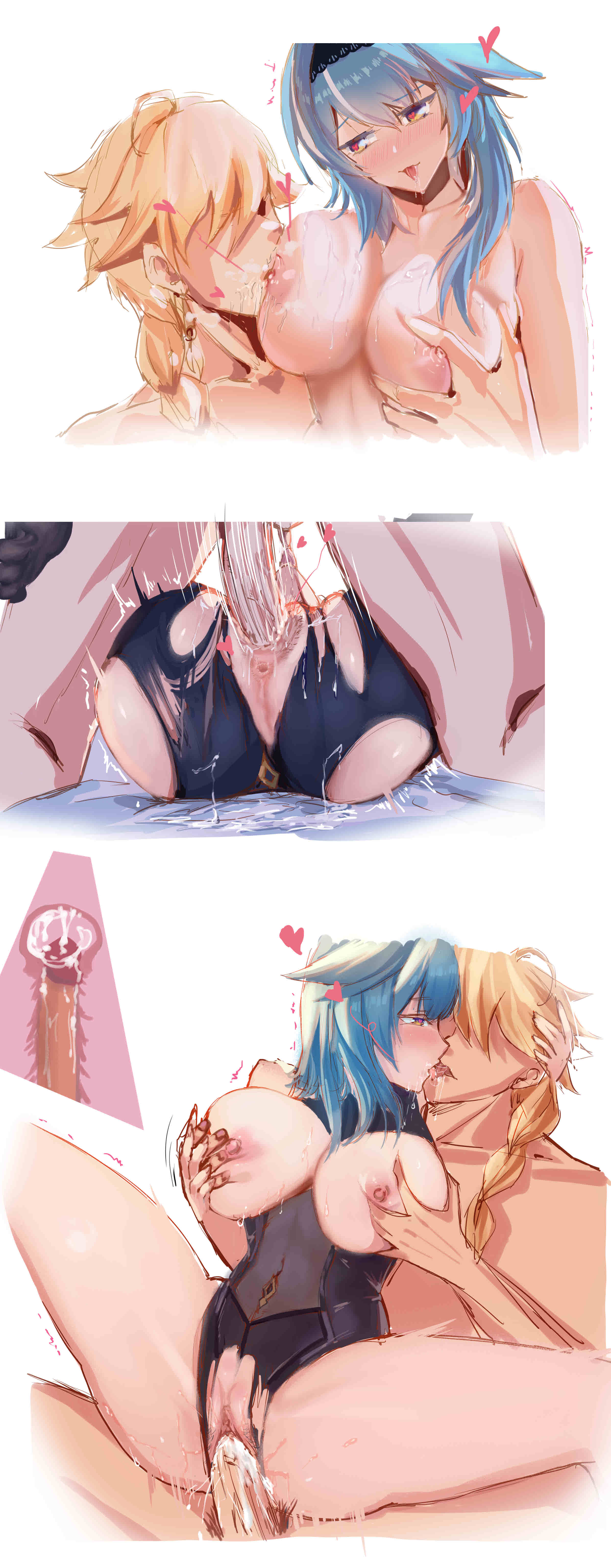 1boy, 1girls, aether (genshin impact), blonde hair, blue hair, blush, breast squeeze, breast sucking, breasts, clothing, cross section, cum, cum in pussy, cum in uterus, cum inside, eula (genshin impact), female, female on top, genshin impact, heart, kissing, long hair, male, mating press, mihoyo, multiple panels, nickpolo, no eyes, open mouth, penetration, penis, pussy, pussy juice, sex, spread legs, uterus, vaginal penetration, x-ray
