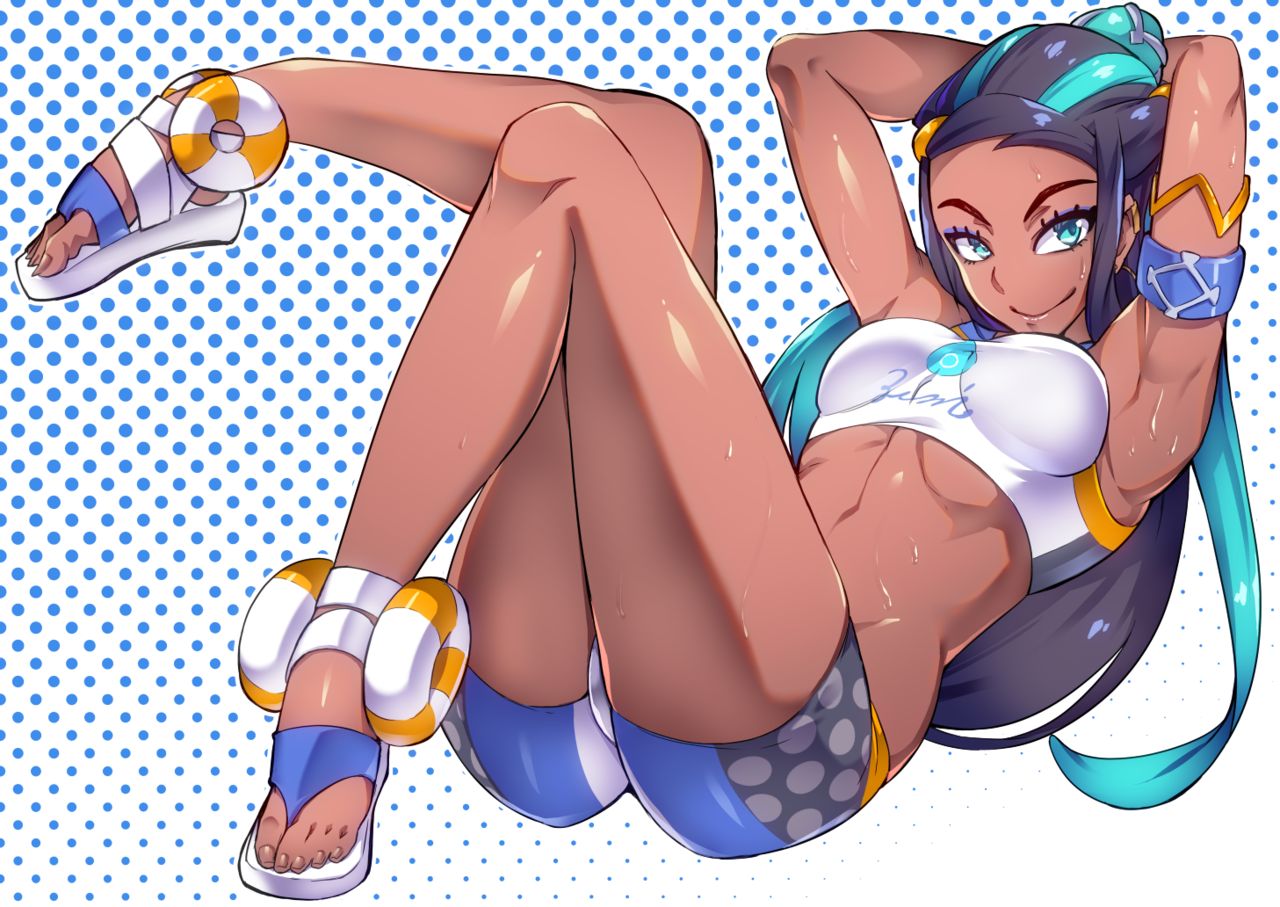 1girls abs alternate_breast_size anus armpits big_ass big_nipples blue_background blue_eyes blue_hair dark-skinned_female dark_skin earrings female female_only gameplay_mechanics hatoba_akane hud human large_breasts long_hair nessa_(pokemon) nintendo pokemon pokemon_battle pokemon_ss shirt shorts solo spread_legs spreading sweat