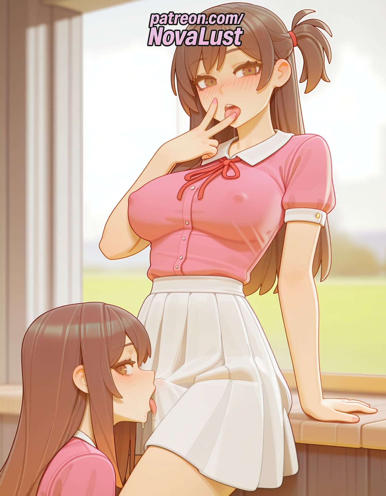1futa, 2025, 2girls, ai generated, artist name, blush, breasts, brown eyes, brown hair, bust, chest, covered nipples, curtains, female, futanari, hi res, high quality, high resolution, highres, intersex, kanojo okarishimasu, licking, licking finger, long hair, mizuhara chizuru, multiple girls, novalust, one side up, patreon, patreon username, pink shirt, see-through, stable diffusion, tongue, tongue out, watermark, wet clothes, yuri