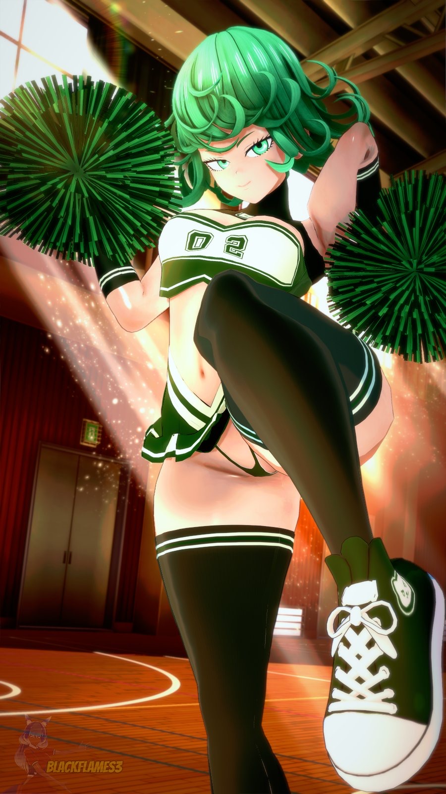 1girls, 3d, blackflames3, breasts, cheerleader, cheerleader outfit, cheerleader uniform, female, female focus, female only, g-string, green eyes, green hair, light skin, light-skinned female, looking at viewer, one-punch man, pom poms, short shorts, skirt, solo, tatsumaki, thick thighs, thighhighs, thighs, wide hips