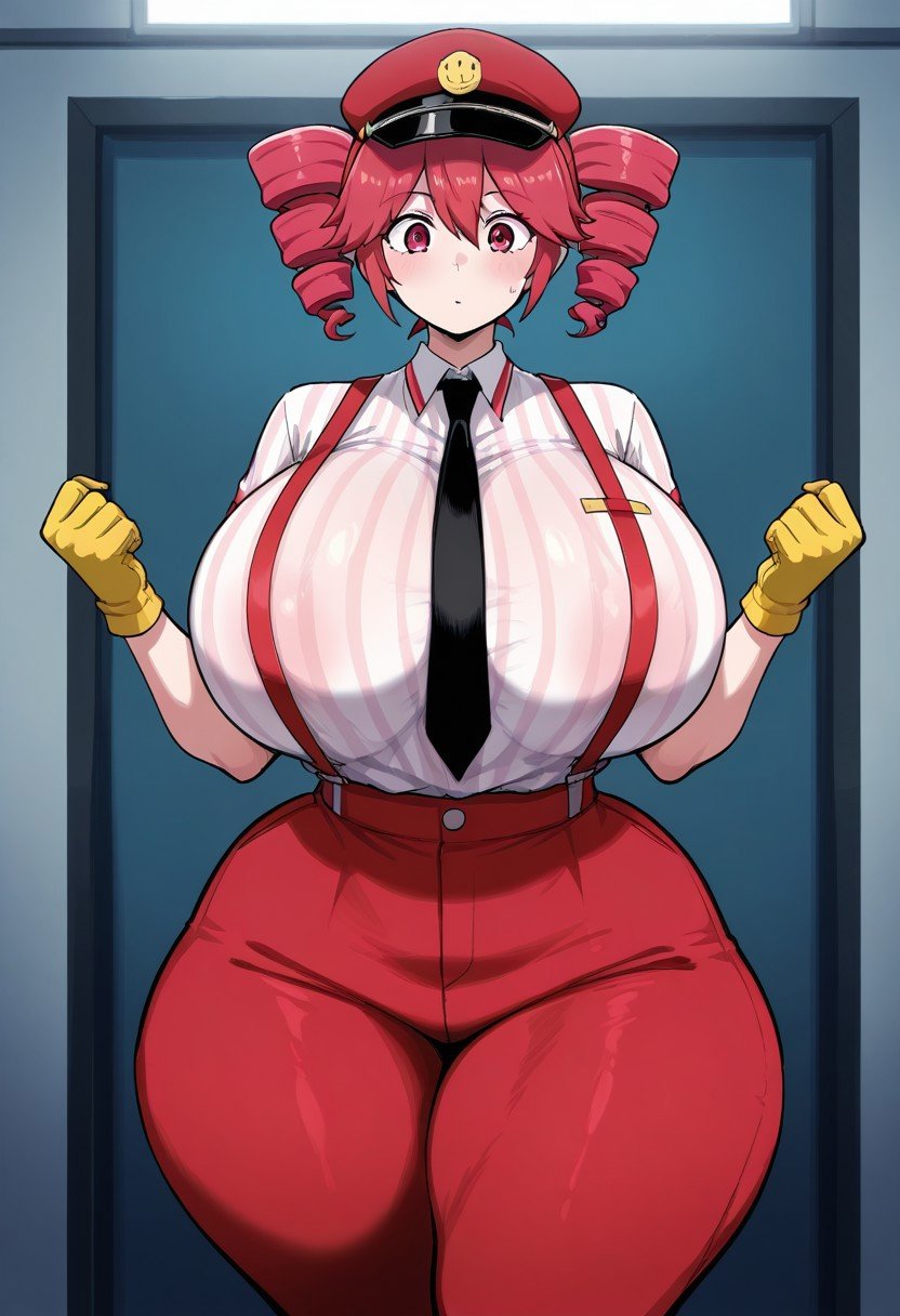 1girls, ai generated, ass, ass bigger than head, ass bigger than torso, back, back view, backboob, belly, big ass, big breasts, big thighs, blouse, blush, breasts, bubble butt, clothed, clothed female, clothing, curvaceous, curvy, curvy female, curvy figure, embarrassed, embarrassed female, exaggerated anatomy, fat ass, fat thighs, female, female only, fully clothed, gigantic ass, gigantic breasts, gloves, gluteal fold, hat, hips wider than shoulders, hourglass figure, huge ass, huge breasts, huge thighs, hyper, hyper ass, kasane teto, kasane teto (sv), large ass, large breasts, large thighs, light-skinned female, looking at viewer, looking back, massive ass, massive breasts, massive thighs, mesmerizer (vocaloid), mesmerizer teto, motion lines, necktie, pants, plump, plump ass, plump breasts, plump thighs, red hair, restrained, shirt, sitting, skin tight, slim waist, solo, solo female, suspenders, synthesizer v, tight clothing, tight pants, twin drills, utau, venus body, voluptuous, voluptuous female, wide hips, wobbling ass, xyloass