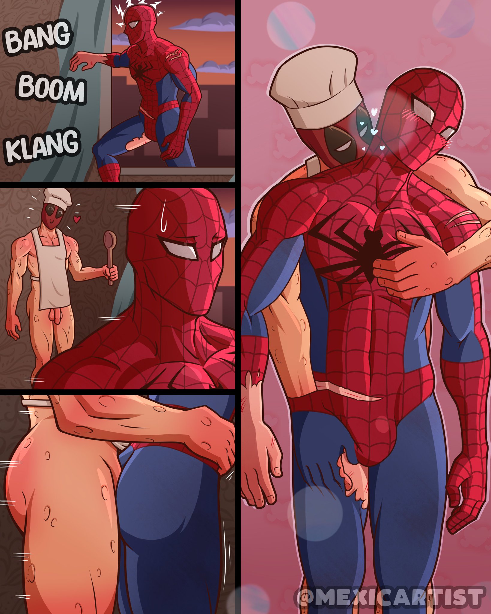 2boys, ass, bulge, bulge on ass, deadpool, deadpool (series), gay, groping, groping from behind, heart, male, male only, male wife, marvel, marvel comics, mexicartist, onomatopoeia, peter parker, spider-man, spider-man (series), spideypool, spoon, sweatdrop, torn bodysuit, wade wilson, wooden spoon, yaoi