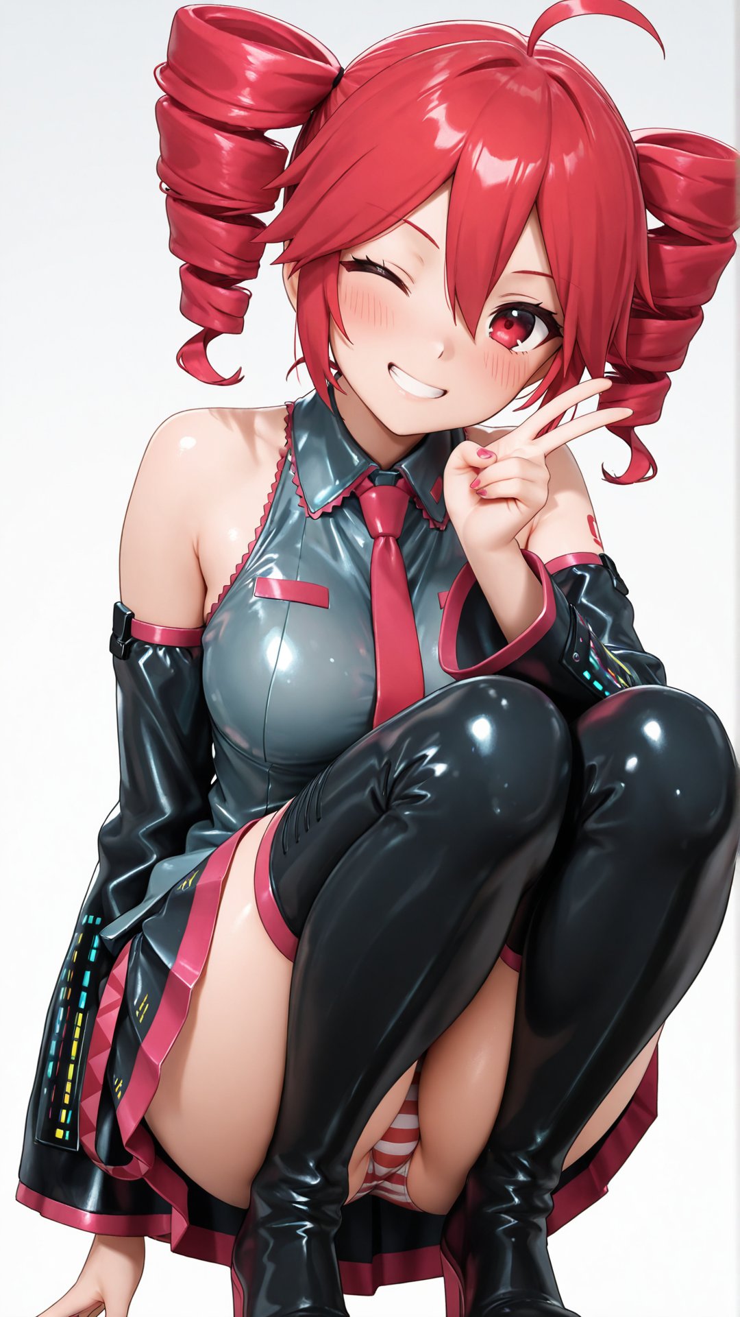 1girls, ahoge, ai generated, ass, ass visible through thighs, big ass, big breasts, blush, breasts, cameltoe, clothed, clothed female, clothing, detached sleeves, female, female only, fully clothed, granat ai, kasane teto, large ass, large breasts, latex, latex thighhighs, nail polish, one eye closed, painted nails, panties, panty peek, pantyshot, peace sign, petite, petite female, plump, plump thighs, red eyes, red hair, red nails, simple background, skirt, smile, solo, solo female, squatting, striped panties, thick thighs, thighhighs, thighs, twin drills, upskirt, utau, white background, wink, winking