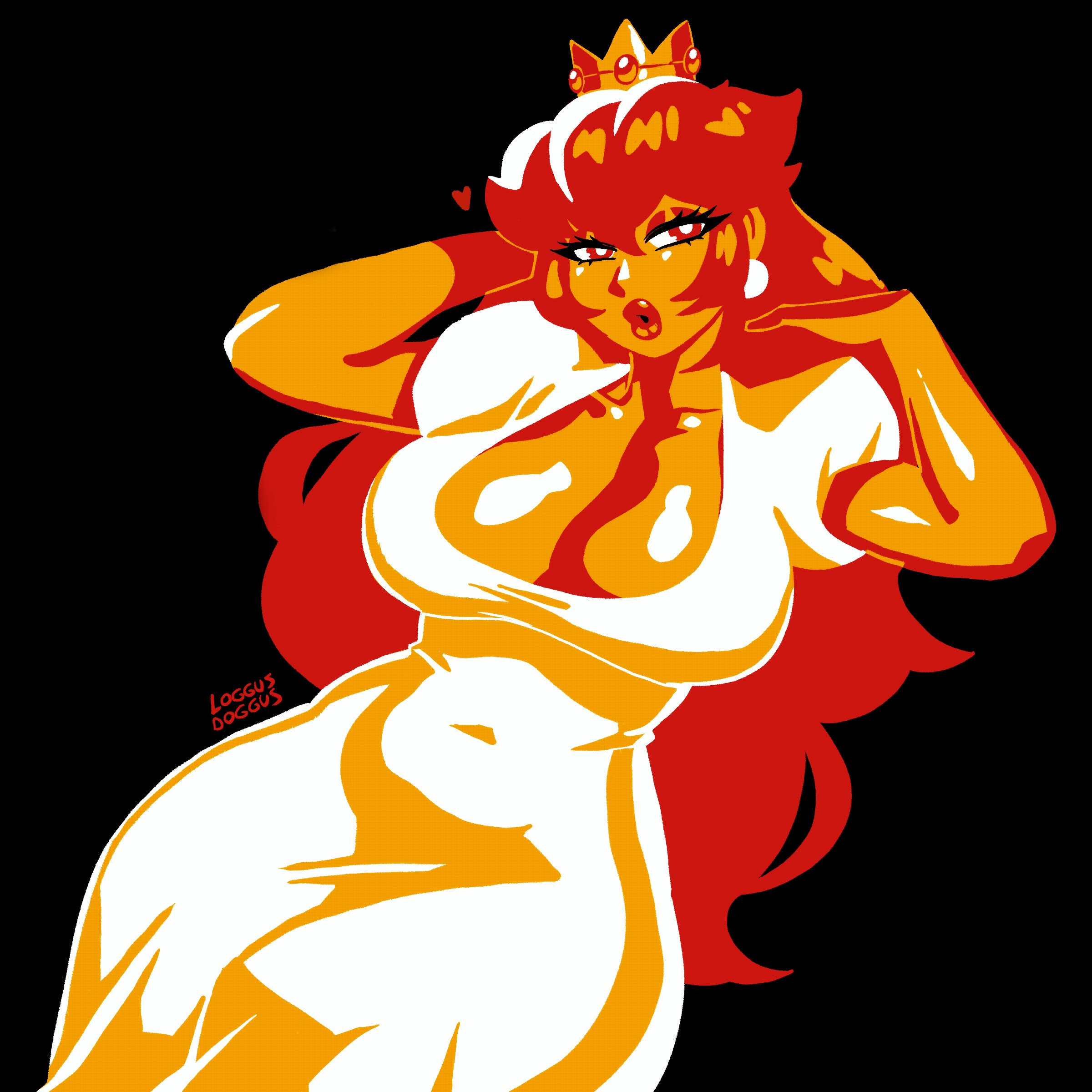 1girls, 2d, 2d (artwork), big breasts, breasts, crown, dress, earrings, eyeshadow, female, female only, half-closed eyes, lips, lipstick, loggus doggus, long hair, makeup, mario (series), nintendo, princess, princess peach, princess toadstool, red eyes, red eyeshadow, red hair, red lipstick, solo, super mario bros. (nes), tight clothing