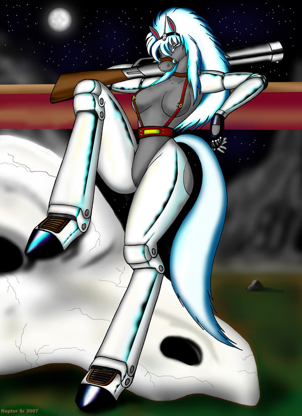 bravestarr breasts color female female_only filmation front_view gun hair leaning night outdoors rule_63 skull solo tail thirty-thirty weapon white_hair