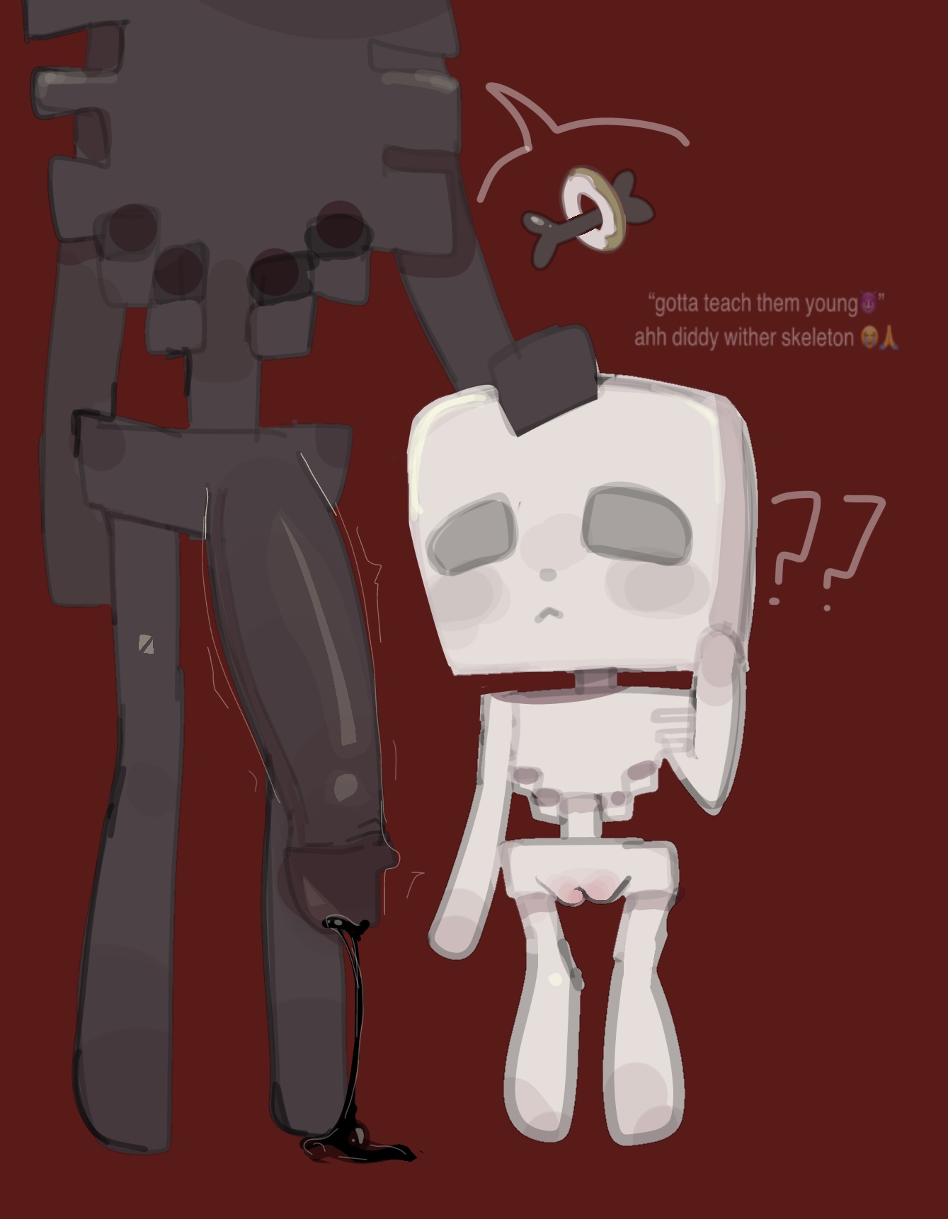 2025, 2boys, angelic ama, cuntboy, hi res, highres, intersex, male, minecraft, minecraft mob, mojang, non-human, size difference, skeleton, skeleton (minecraft), wither skeleton (minecraft), younger, younger male