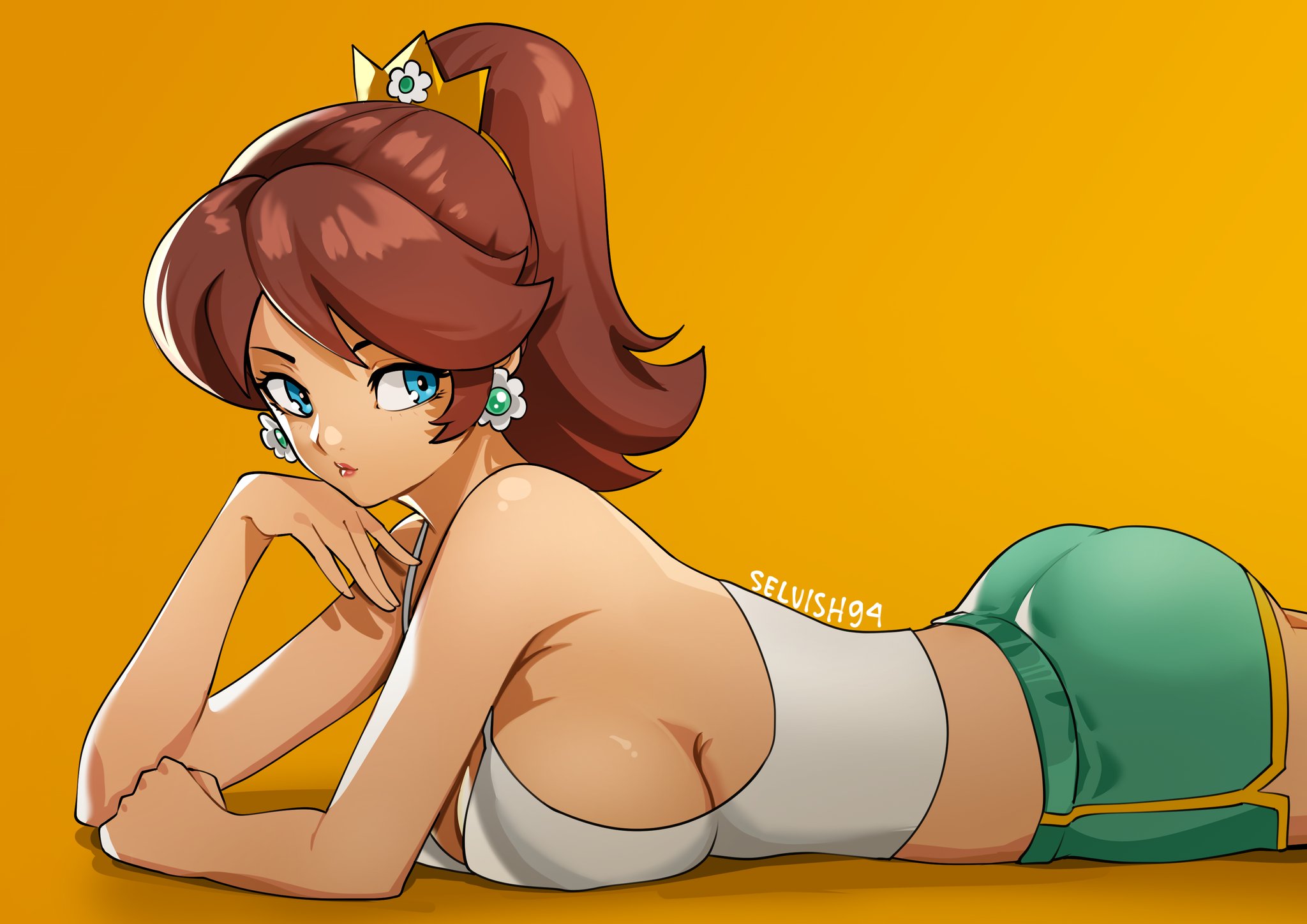 breasts, brown hair, female, laying down, mario (series), nintendo, orange background, ponytail, princess daisy, selvish94, side view, sideboob, tagme, tank top, tiara