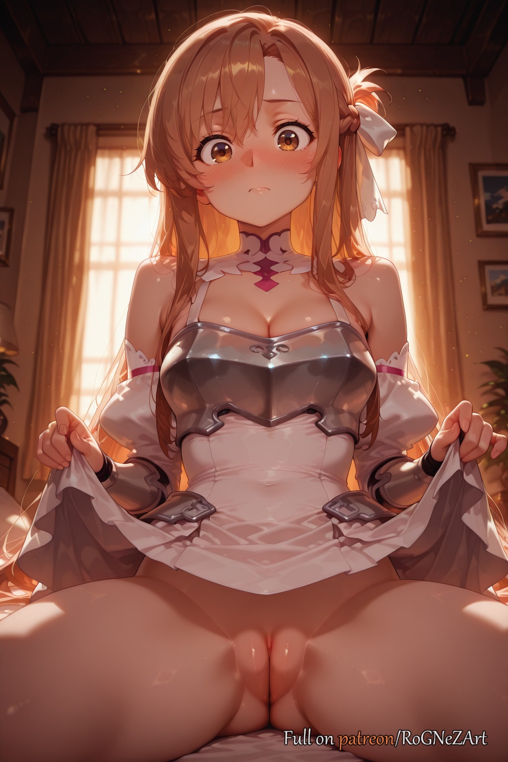 2025, ai generated, anime, armor, ass visible through thighs, bangs, bare shoulders, blush, braid, braided hair, breasts, brown eyes, brown hair, cleavage, closed mouth, clothes lift, commando, covered navel, crossover, curtains, day, detached sleeves, dress, dress lift, explicit, eye contact, female, female focus, female only, flushed, hair ribbon, highres, indoors, inside, lifted by self, long hair, looking at viewer, medium breasts, mosaic censoring, neutral expression, no panties, patreon, pussy, ribbon, rognezart, sitting, solo, spread legs, spread pussy, sword art online, sword art online: alicization, thick thighs, thighs, uncensored, very long hair, white dress, window, yuuki asuna