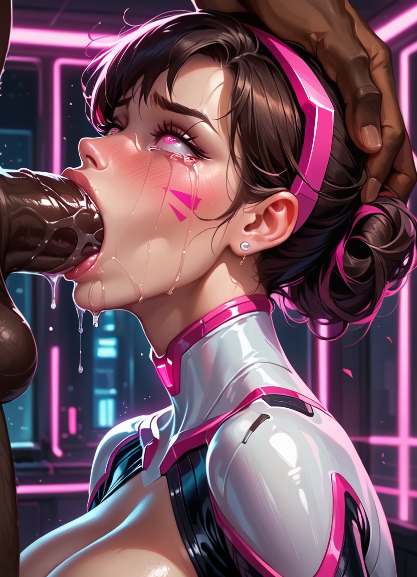 ai generated, big penis, blowjob, bluewerewolf, breasts, cum, cum in mouth, d.va, dark-skinned male, duo, female, hypnosis, hypnotic eyes, interracial, latex, latex clothing, male, mind control, overwatch, overwatch 2, penis, pink eyes, saliva, tears
