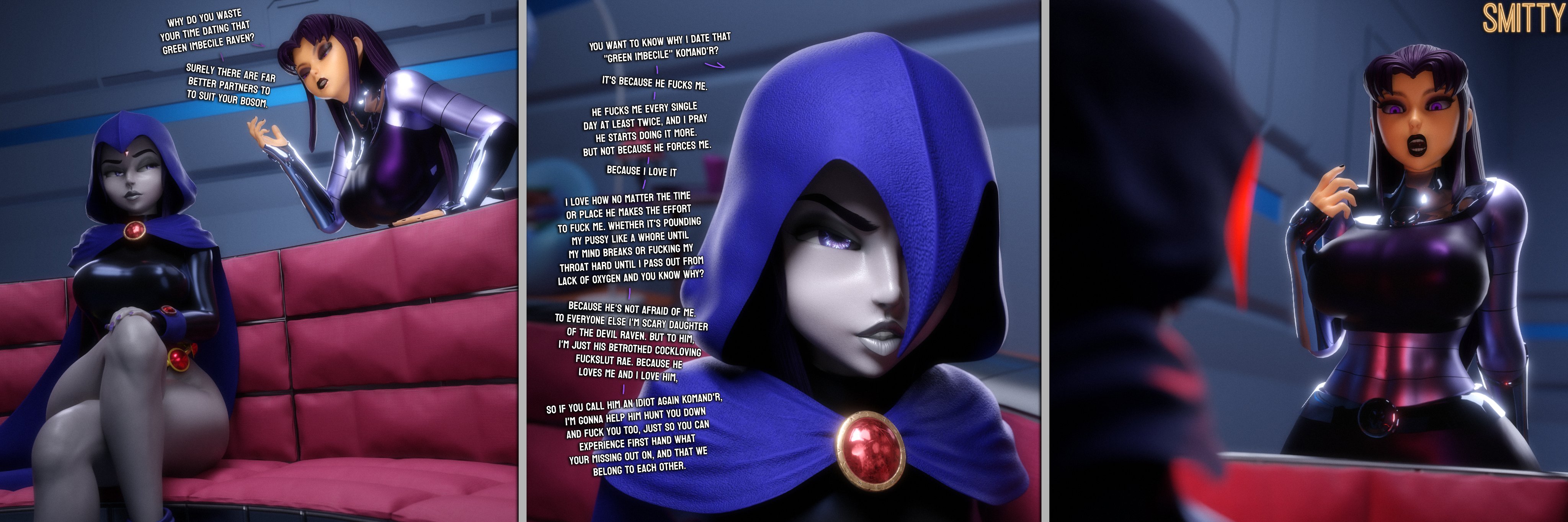 2girls, 3d, 3d (artwork), 3d model, alien, alien female, alien girl, big breasts, blackfire, breasts, cambion, clothed, clothed female, comic, dc, dc comics, english text, female, female only, gray skinned female, grey skin, grey skinned female, half-demon, multiple females, multiple girls, raven (dc), smitty34, tagme, text