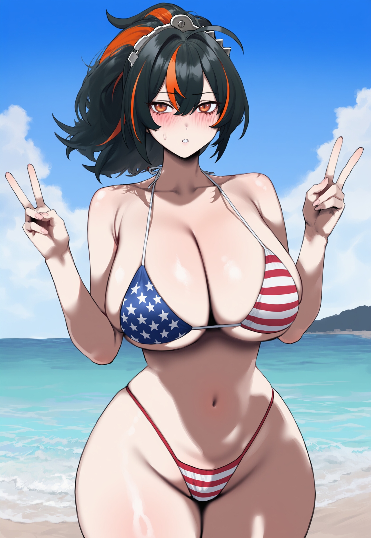 1girls, ai generated, american flag bikini, big breasts, bikini, black hair, breasts, female, female focus, female only, huge breasts, large breasts, long hair, looking at viewer, mature female, navel, ponytail, truck kun, zenless zone zero, zhu yuan