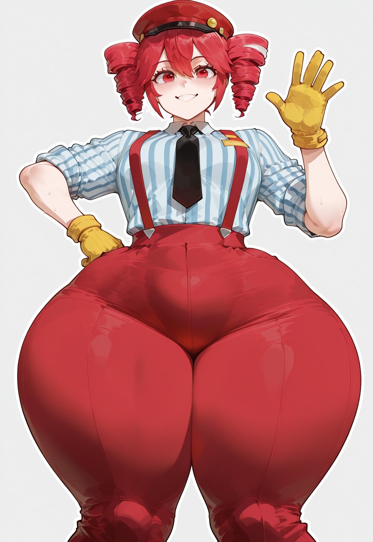 1girls, ai generated, ass, ass bigger than head, ass bigger than torso, back, back view, backboob, belly, big ass, big thighs, blouse, blush, bottom heavy, bottom heavy female, breasts, bubble butt, clothed, clothed female, clothing, curvaceous, curvy, curvy female, curvy figure, embarrassed, embarrassed female, exaggerated anatomy, fat ass, fat thighs, female, female only, fully clothed, gigantic ass, gloves, gluteal fold, hat, hips wider than shoulders, hourglass figure, huge ass, huge thighs, hyper, hyper ass, hyper thighs, kasane teto, kasane teto (sv), large ass, large breasts, large thighs, light-skinned female, looking at viewer, looking back, massive ass, massive thighs, mesmerizer (vocaloid), mesmerizer teto, motion lines, necktie, pants, plump, plump ass, plump breasts, plump thighs, rayasox, red hair, restrained, shirt, sitting, skin tight, slim waist, solo, solo female, suspenders, synthesizer v, tight clothing, tight pants, twin drills, utau, voluptuous, voluptuous female, wide hips, wobbling ass