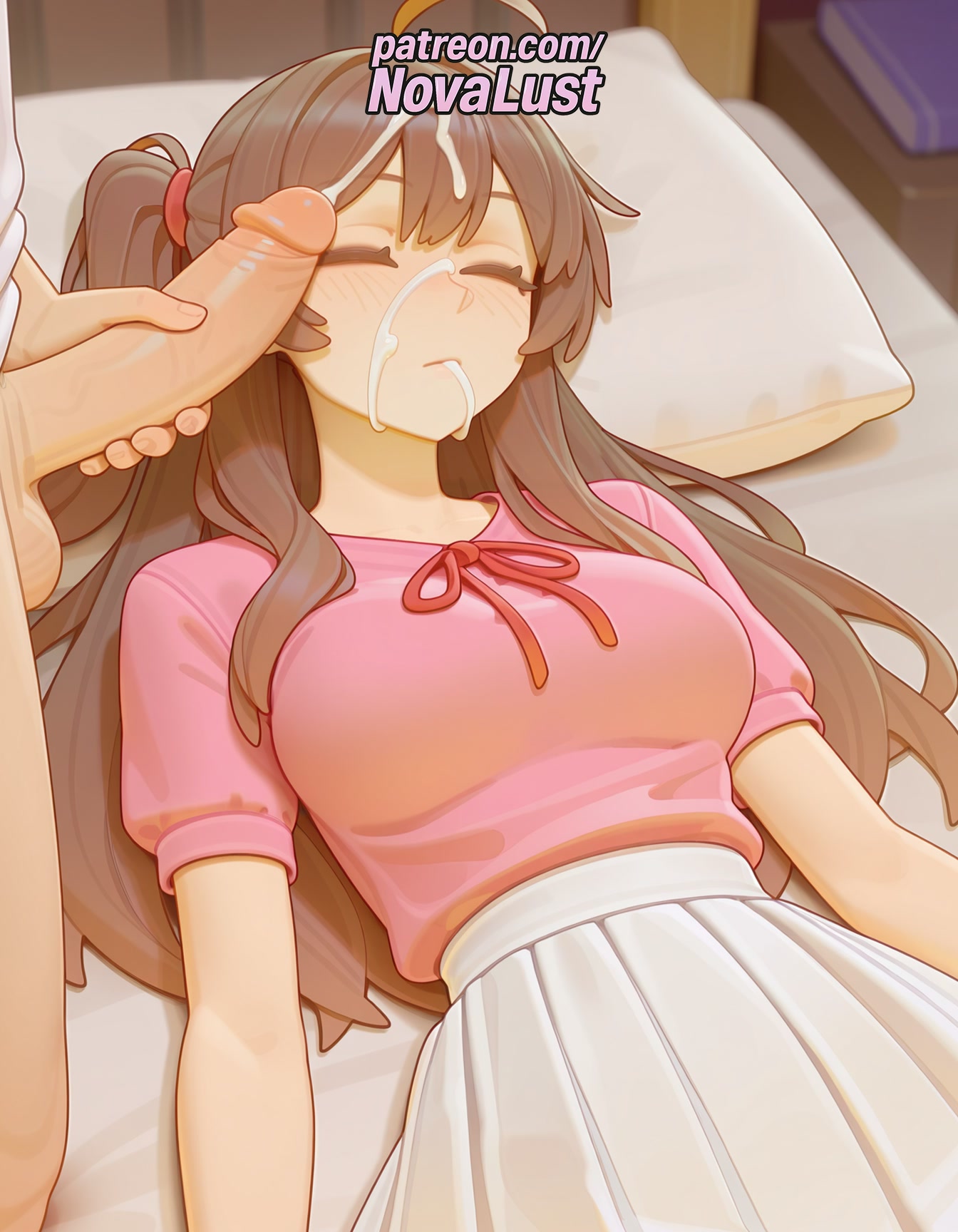 1boy, 1futa, 2025, ai generated, artist name, bed, breasts, brown hair, bust, chest, closed eyes, cock, cum, cum in mouth, cum on body, cum on hair, dick, erection, facial, female, futanari, hi res, high quality, high resolution, highres, intersex, kanojo okarishimasu, long hair, lying, male, mizuhara chizuru, novalust, on bed, patreon, patreon username, penis, pillow, pink shirt, ribbon, sleep molestation, sleeping, solo focus, stable diffusion, straight, uncensored, watermark