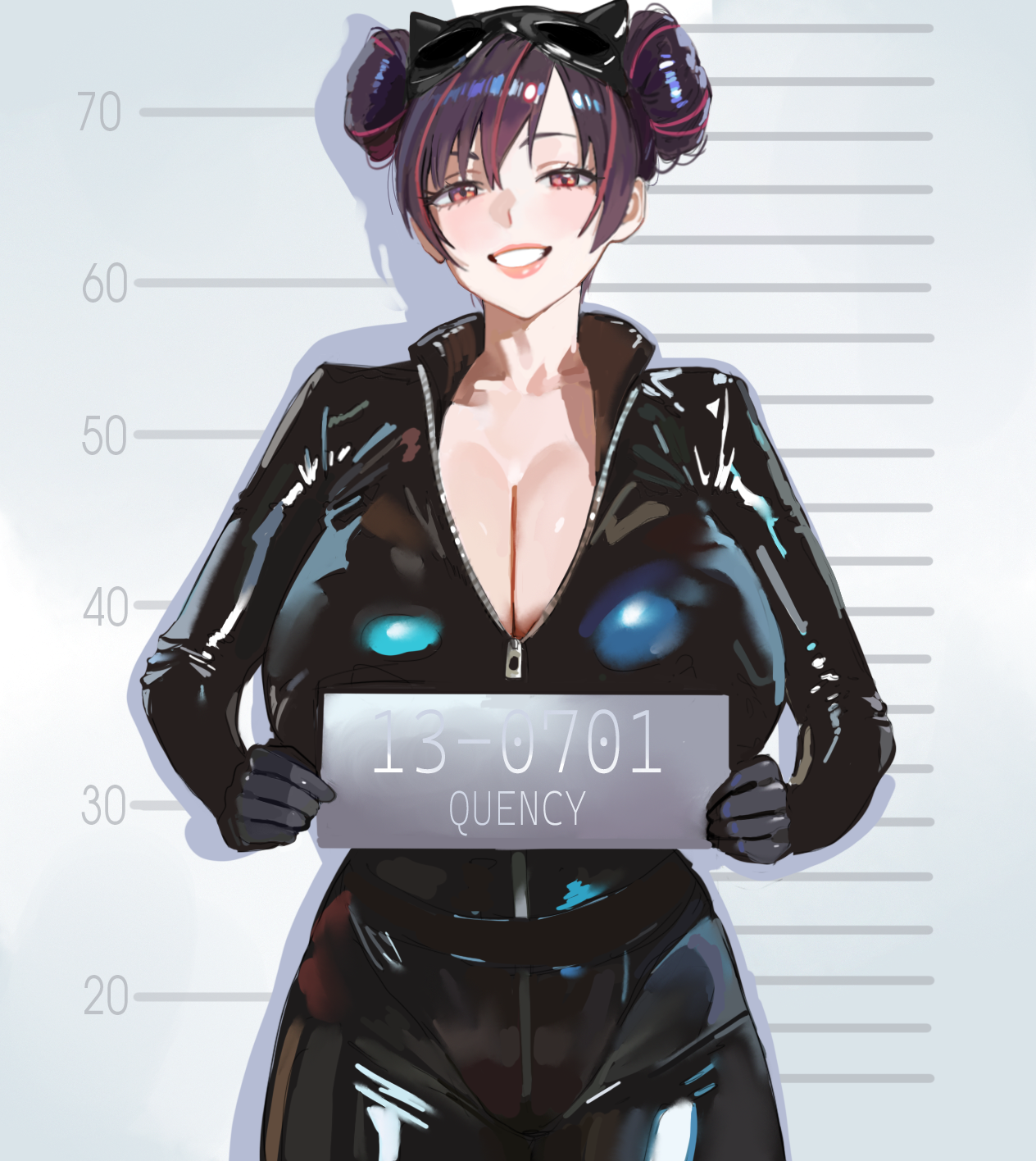 1girls, 2024, alluring, arrested, big breasts, bodysuit, breasts, bursting breasts, curvaceous, curvaceous body, curvaceous female, curvaceous figure, curvaceous hips, curvy, curvy body, curvy female, curvy figure, curvy hips, enticing, female, goddess of victory: nikke, hintobento, hips, hourglass figure, huge breasts, large breasts, light skin, light-skinned female, looking at viewer, mask, mask on head, massive breasts, purple hair, quency (escape queen) (nikke), quency (nikke), red eyes, seducing, seductive, seductive look, shiny, shiny breasts, shiny clothes, shiny skin, skin tight, smile, smiling, smiling at viewer, teasing, teasing viewer, temptation, tempting, tempting viewer, thick, thick breasts, thick hips, tight clothes, tight clothing, voluptuous, voluptuous female, waist, white background, wide hips, zipper, zipper down, zipper pull tab