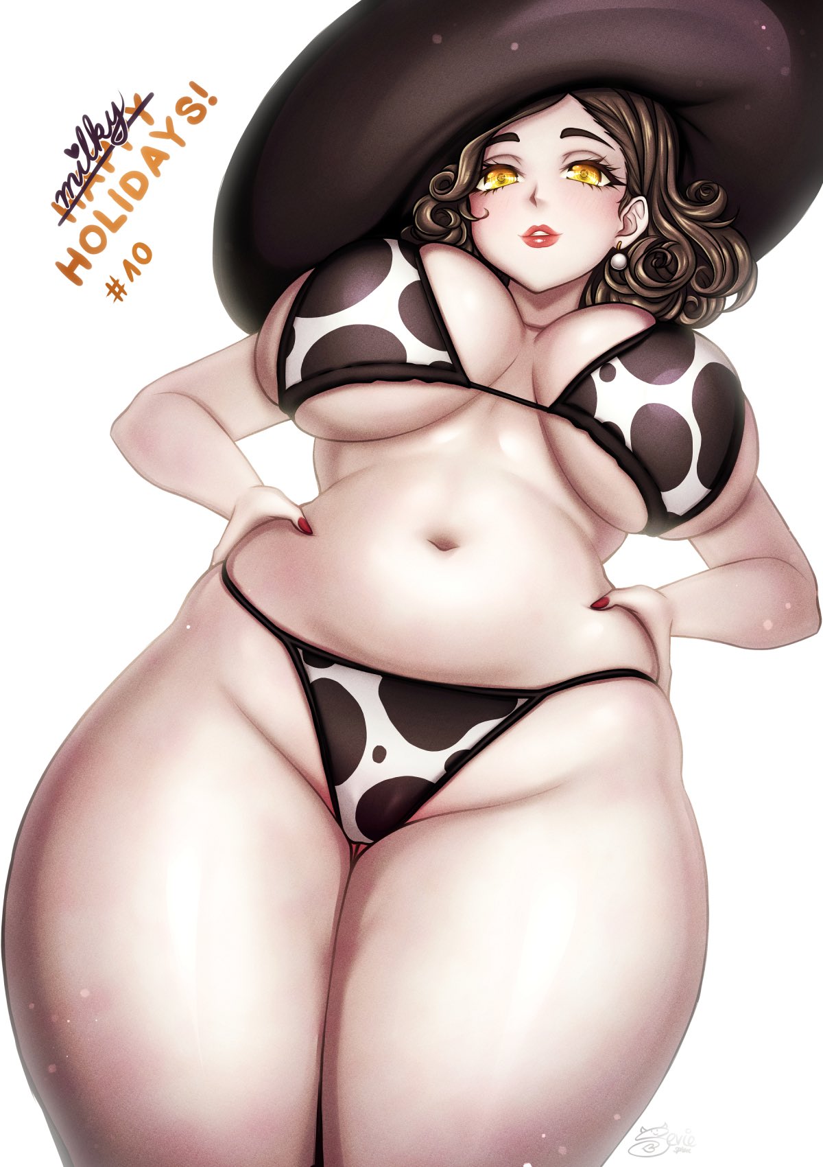 1girls, alcina dimitrescu, big breasts, bikini, bikini bottom, bikini top, black hair, bottomwear, breasts, capcom, cow print, cow print bikini, english, english text, female, female only, grey body, grey skin, hair, hands on hips, hat, headwear, huge breasts, lips, mature, mature female, mature woman, milf, mother, nail polish, nails, red nail polish, red nails, resident evil, resident evil 8: village, sevie, solo, solo female, swimwear, text, thick thighs, thighs, topwear, white nails, yellow eyes