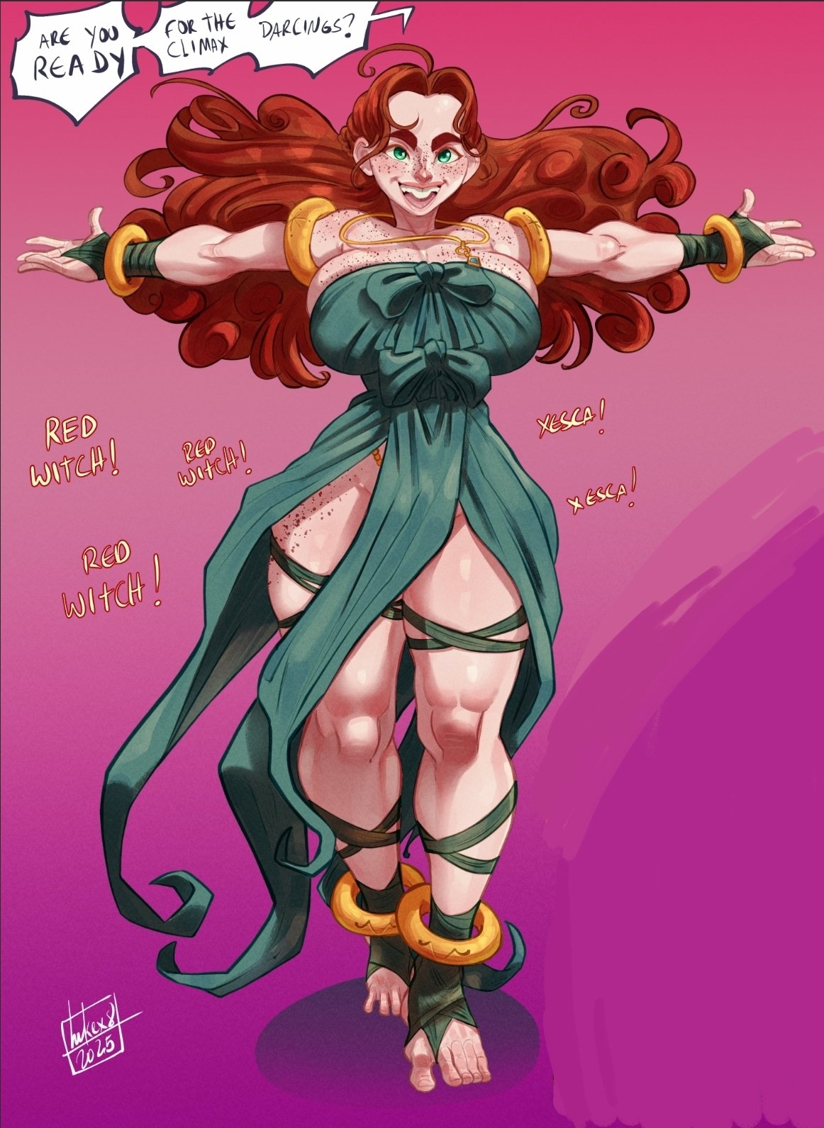 armlet, bare shoulders, bracelet, breasts, buckteeth, dress, female, francesca faraday, freckles, full body, green dress, green eyes, jewelry, large breasts, leglet, looking at viewer, lukex8a, necklace, orange hair, red hair, redhead, redhead female, redheaded female, smile, standing, strapless, strapless dress, thick thighs