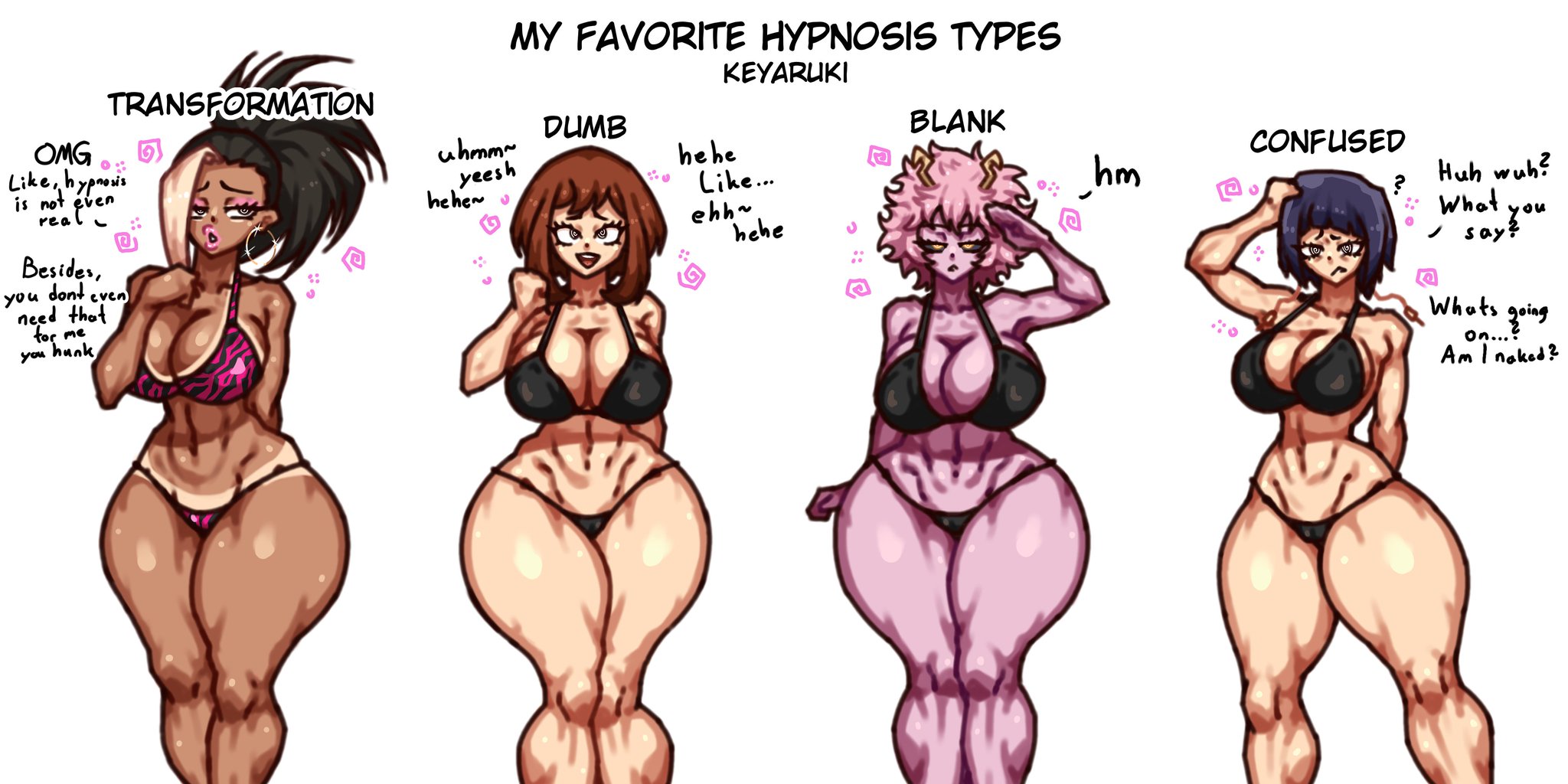 4girls, bimbo, bimbofication, black hair, blonde hair, breasts, brown eyes, chart, dark skin, dumb girl, english text, female, hypnosis, hypnotic eyes, keyaruki, kyoka jiro, large breasts, mina ashido, momo yaoyorozu, multiple females, multiple girls, my hero academia, ochako uraraka, pink hair, purple hair, tagme, text