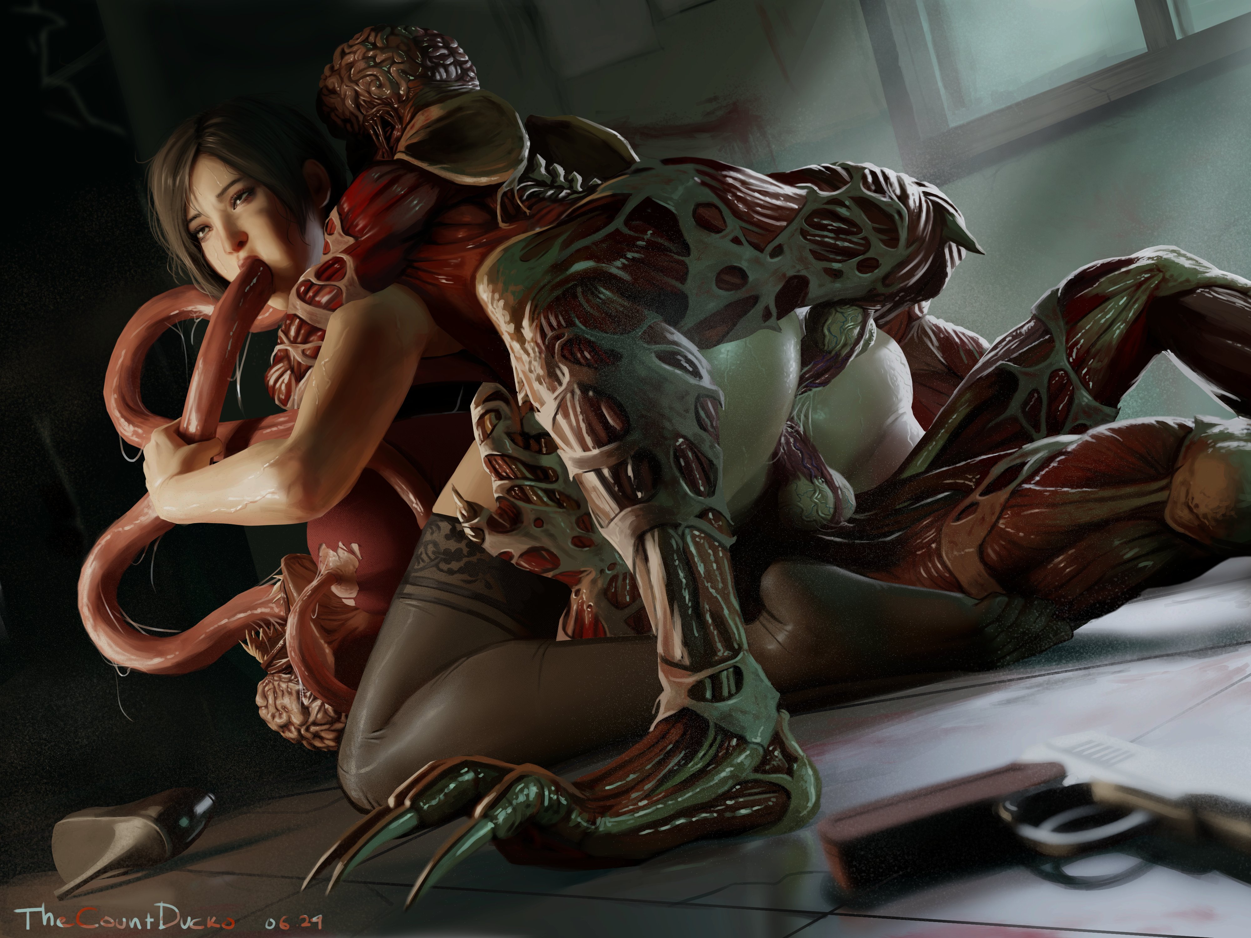 1girls, 2d, ada wong, defeated, double penetration, female, image, interspecies, licker (resident evil), monster, monster on female, no panties, resident evil, stockings, tagme, teratophilia, thecountducko, triple penetration