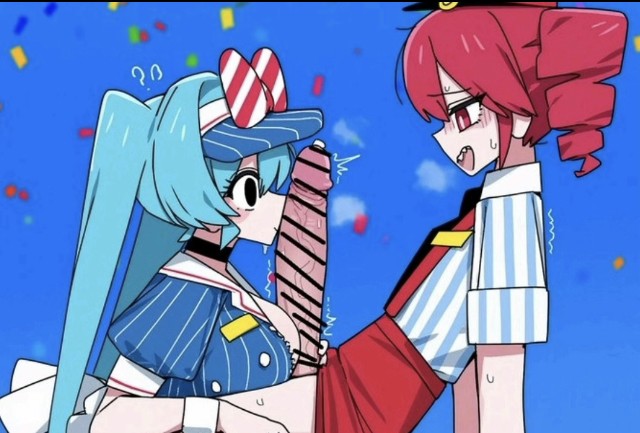 ?, 1futa, 1girls, 2girls, ai generated, aqua hair, artist request, bar censor, big breasts, big penis, blue background, blue hair, blush, breasts, censored, confetti, drill hair, erection, fellatio, female, futa, futa with female, futanari, hatsune miku, huge penis, intersex, kasane teto, large breasts, large penis, long hair, looking at penis, mesmerizer (vocaloid), multiple girls, open mouth, paizuri, penis, red eyes, red hair, striped, tagme, teeth, twin drills, twintails, visor cap, vocaloid