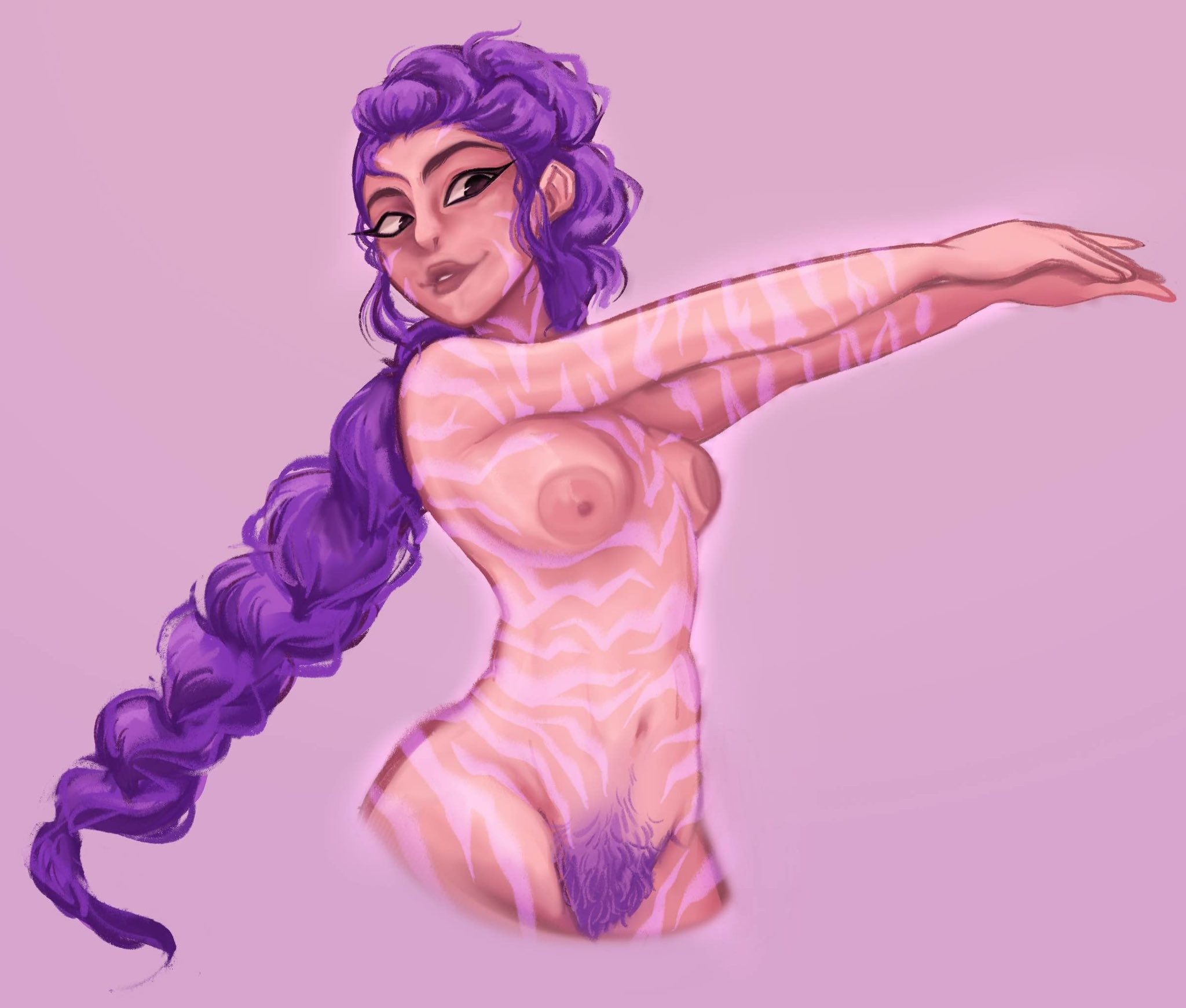 1girls, 2025, breasts, female, female only, happy trail, highres, kpop demon hunters, light skin, light-skinned female, long hair, medium breasts, nipples, nude, nude female, owluette, pubic hair, purple hair, rumi (kpop demon hunters), solo