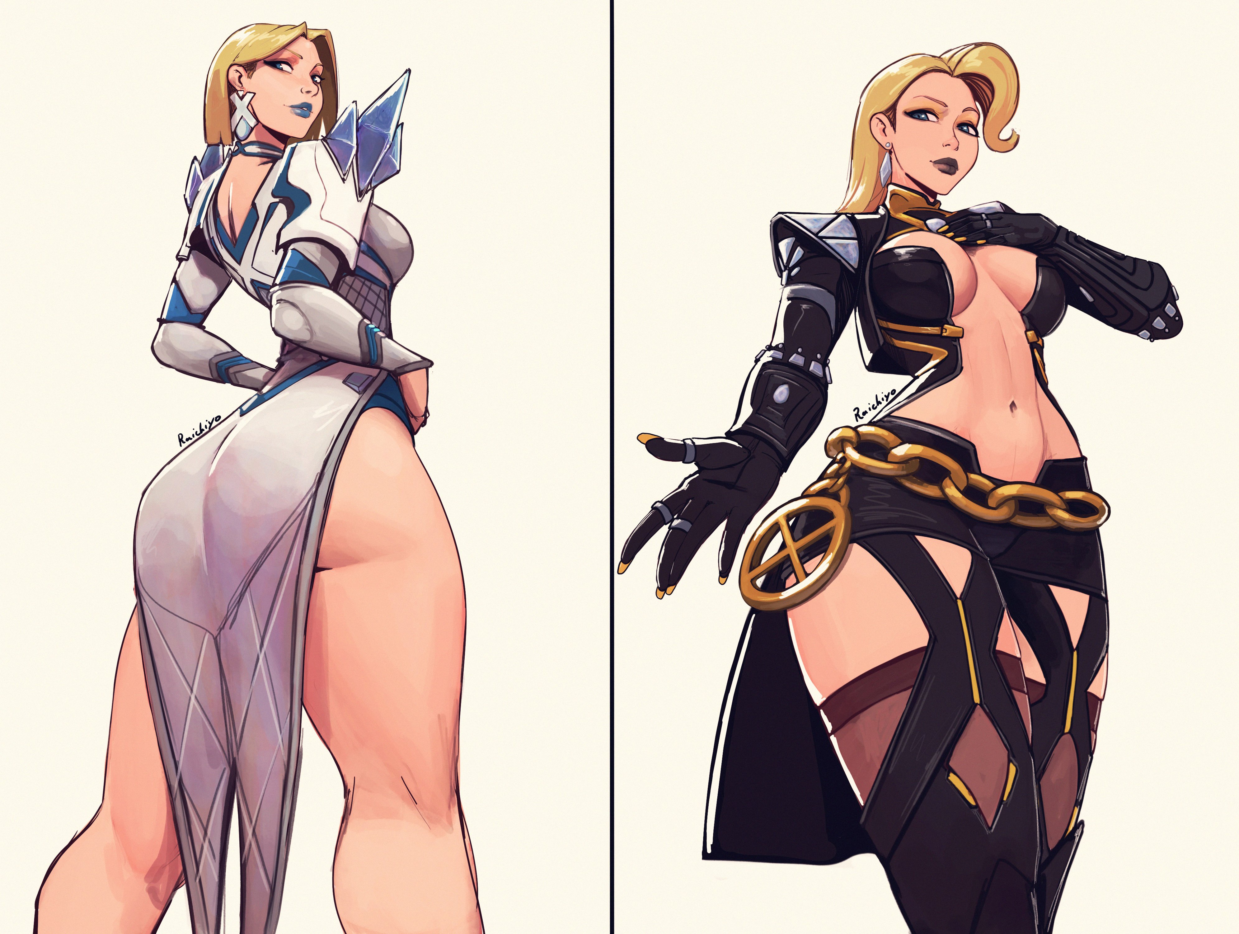absurdres, ass, black vs white, blonde hair, blue eyes, blue lips, breasts, dual persona, earrings, emma frost, emma frost (marvel rivals), emma frost (x-revolution), female, female focus, female only, grey background, highres, jewelry, large breasts, looking at viewer, marvel, marvel comics, marvel rivals, navel, raichiyo33, signature, simple background